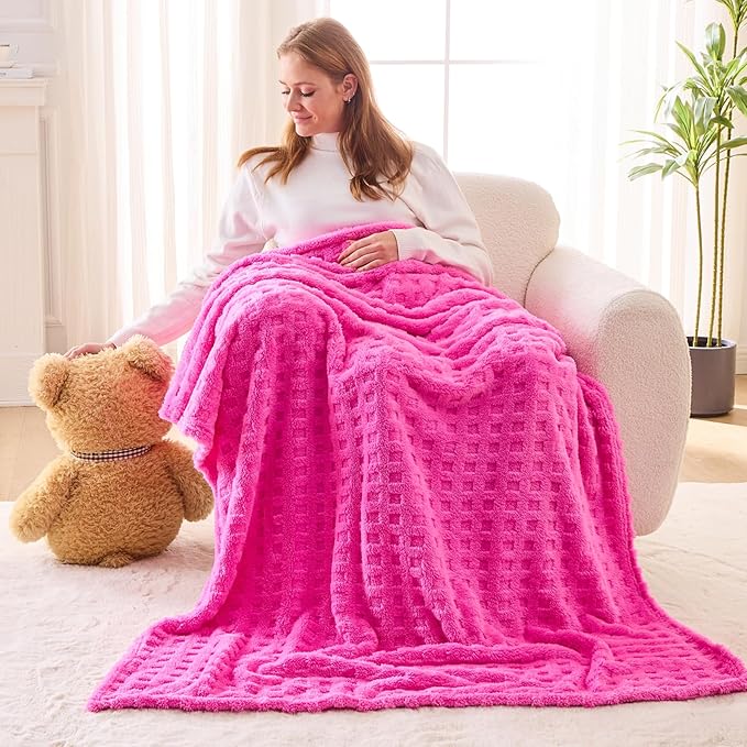 NEWCOSPLAY Super Soft Throw Blanket Pink Premium Silky Flannel Fleece 3D Waffle Checkered Lightweight Bed Blanket All Season Use (Hot Pink, Throw(50"x70"))