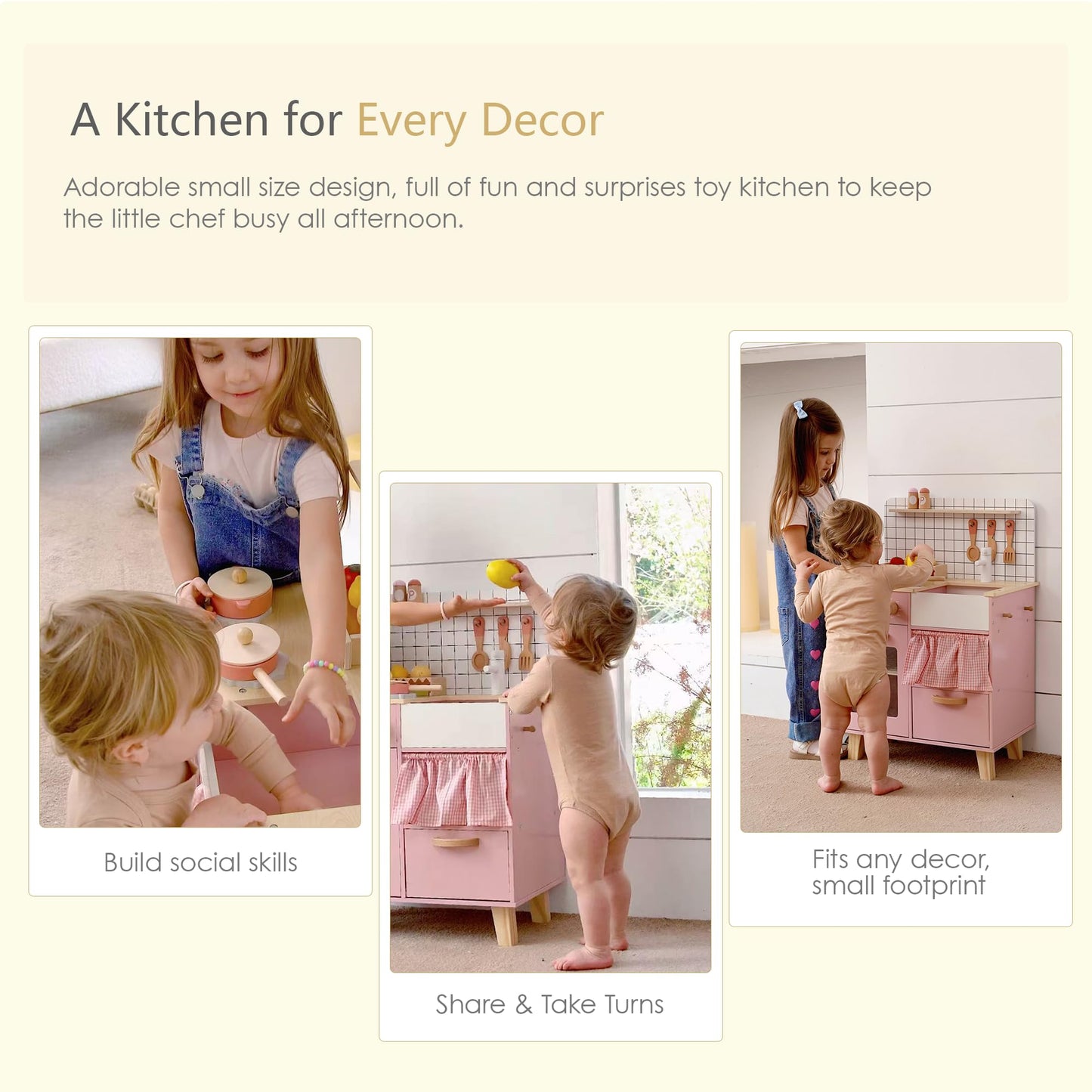 Pink Wooden Play Kitchen with Realistic Features & Accessories, Pretend Cooking Toy for Kids 3+, Ideal Gift for Toddler Boy and Girls