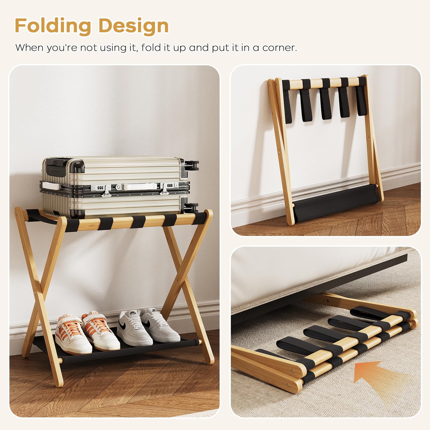 oakvivo Fully Assembled Luggage Racks Pack of 2, Bamboo Natural Foldable Luggage Rack for Guest Room, Suitcase Stand with Fabric Storage Shelf for Hotel, 5 Nylon Straps, 26.77" W x 16.93" D x 22.5" H