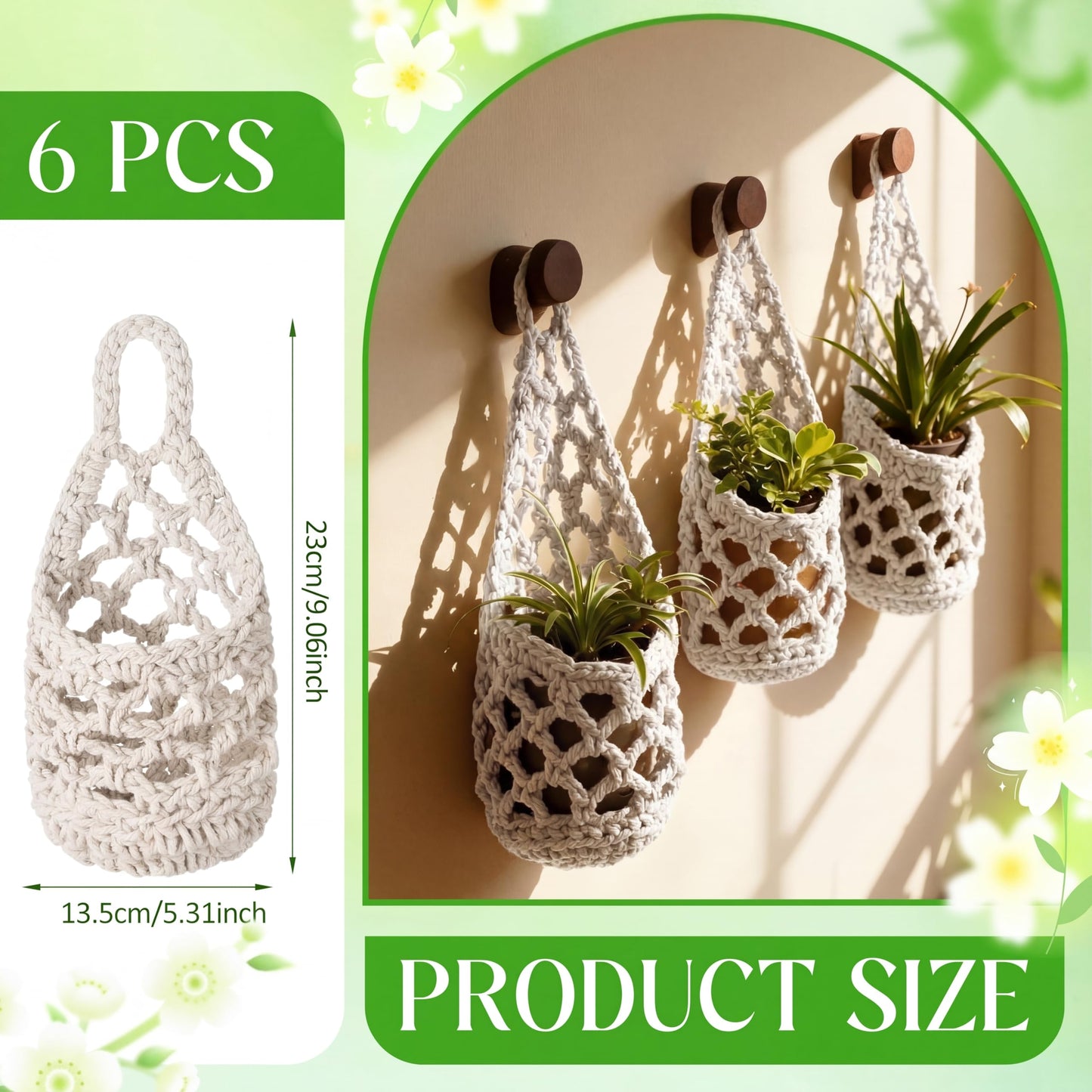 Teecyhooo 6 Pk Wall Planters for Indoor Macrame Plant Hanger Boho Wall Mounted Flower Baskets Hanging Planter, Plants and Pots are Not Included(White,4 x 8 Inch)
