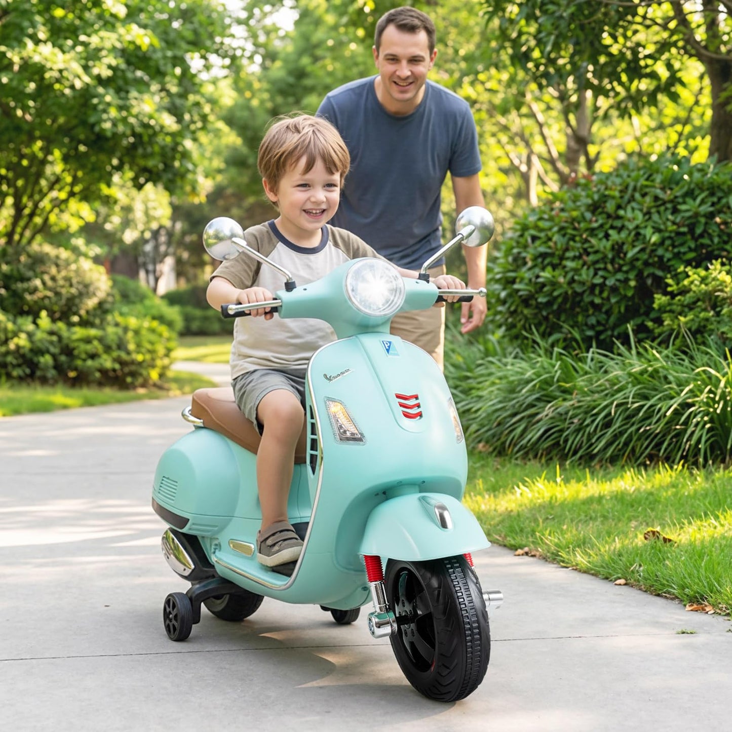 Licensed Vespa Scooter Kids Motorcycle by OLAKIDS, 12V Ride on Electric Motorcycle with Training Wheels LED Lights Music Story Mode Horn (Green)