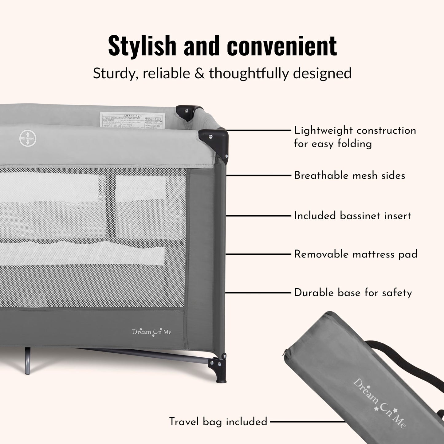 Dream On Me Zazzy Portable Playard with Bassinet - 360° Mesh Visibility, Quick Folding Travel Friendly Design, Carry Bag and Foldable Mattress Pad Included, Compact and Lightweight - Gray
