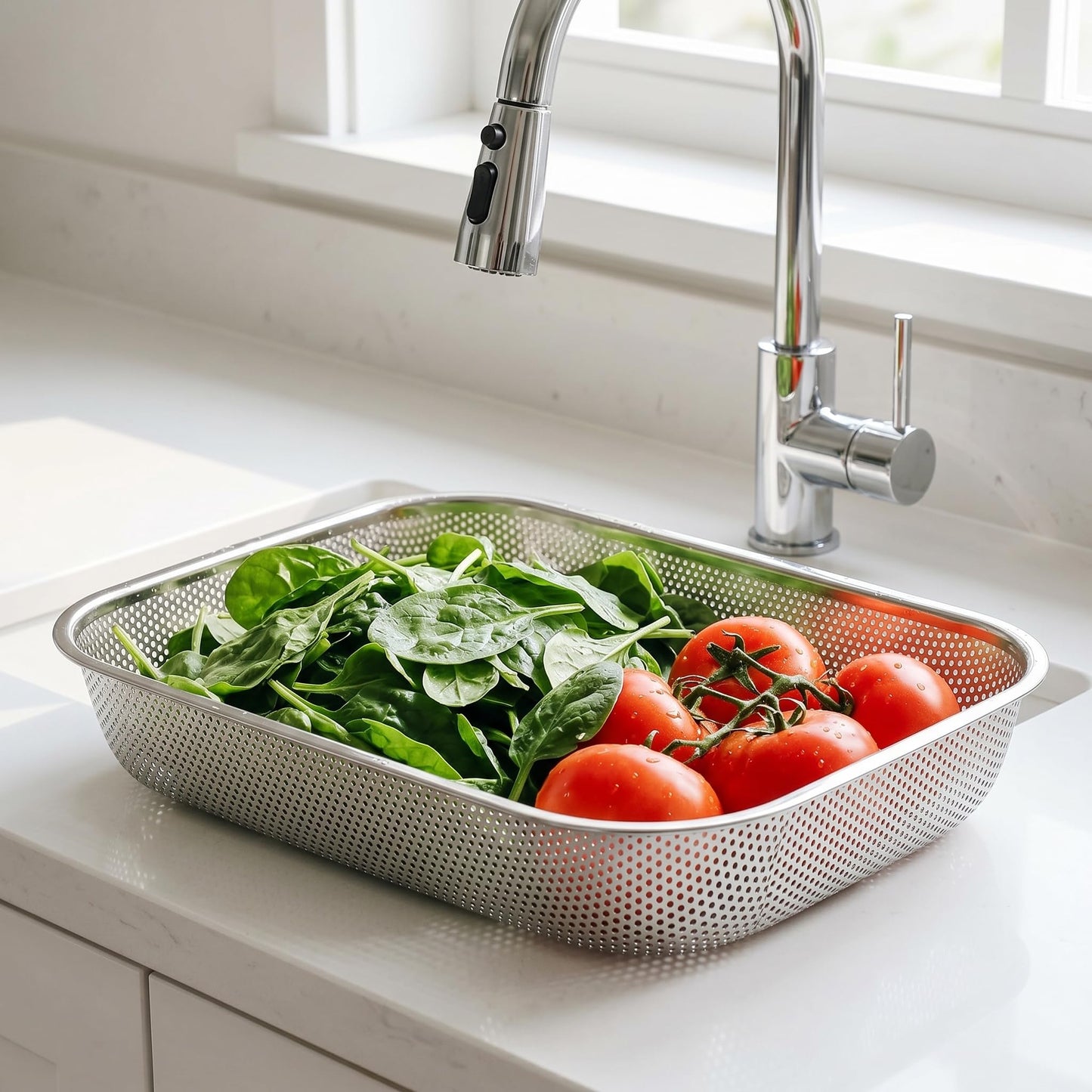 Cedilis 2 Pack Large Stainless Steel Colander Strainer, 6 Quart Mesh Vegetable Washing Basket, Rectangle Drainer Sink Basket for Vegetable Fruit Food (15" x 11" x 2.6")