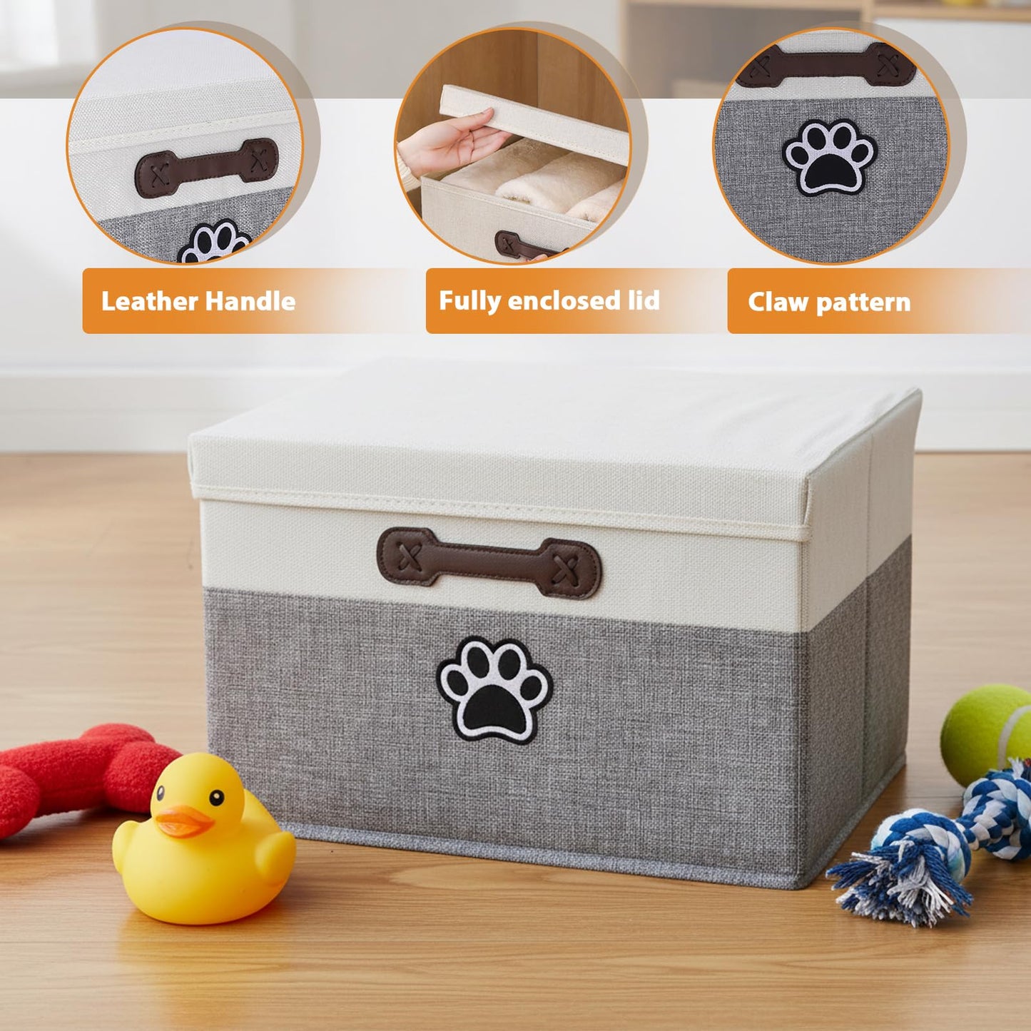 Brabtod Dog Toy Basket with Lid, Fabric Dog Toy Box with Handle, Collapsible Dogs Cat Toys Storage Bins,Pet Storage and Orgnizer-White/Gray