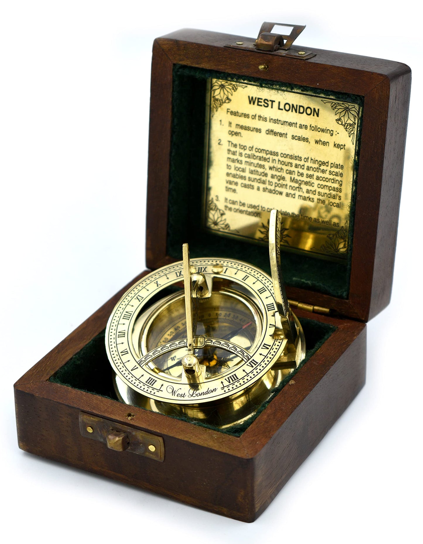 SARA NAUTICAL Antique Brass Sundial Compass, Sundial Clock in Box Gift Sun Clock Ship Replica Watch,Ship Decorations