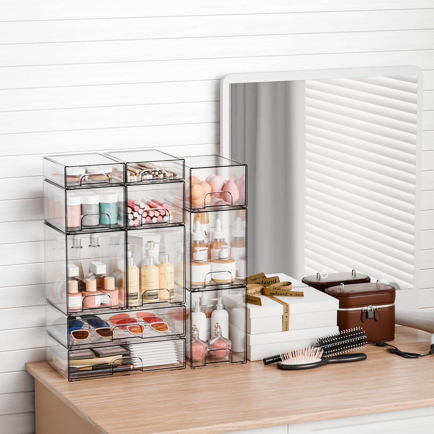 Yieach 2 Pack Clear Stackable Storage Drawers,4.4'' Tall Acrylic Drawer Containers for Organizing,Bathroom Organizers and Storage Bin Box,Plastic Makeup,Medicine Organizer Bins for Cabinet,Undersink