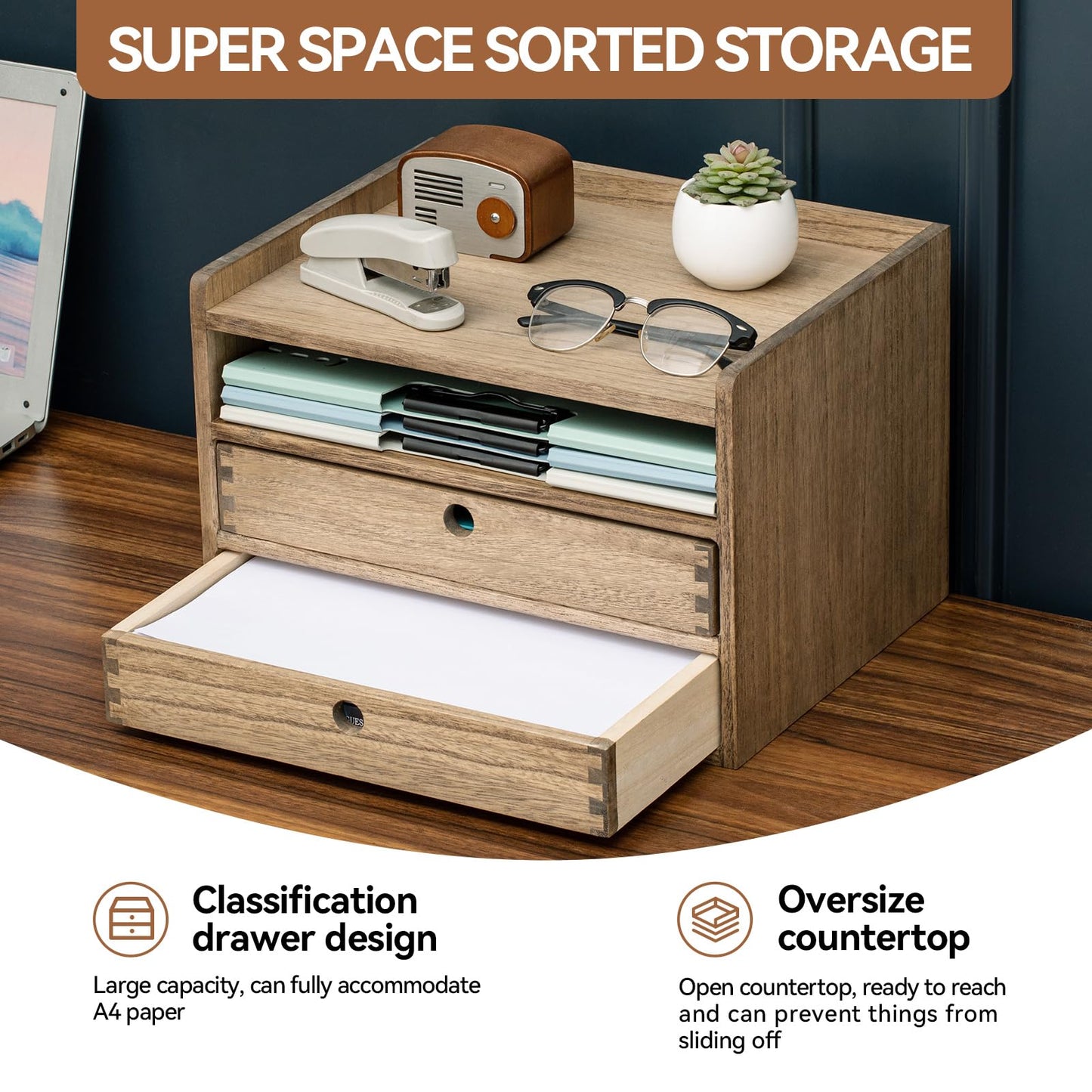 KIRIGEN Desktop Organizer Cabinet With 2 Drawers & Tray - Wood Office Desk Storage Shelf for Office Supplies - Small Cabinet for Countertop Accessories Storage 3 Layer Dark Brown（DT3D2C-DBR）
