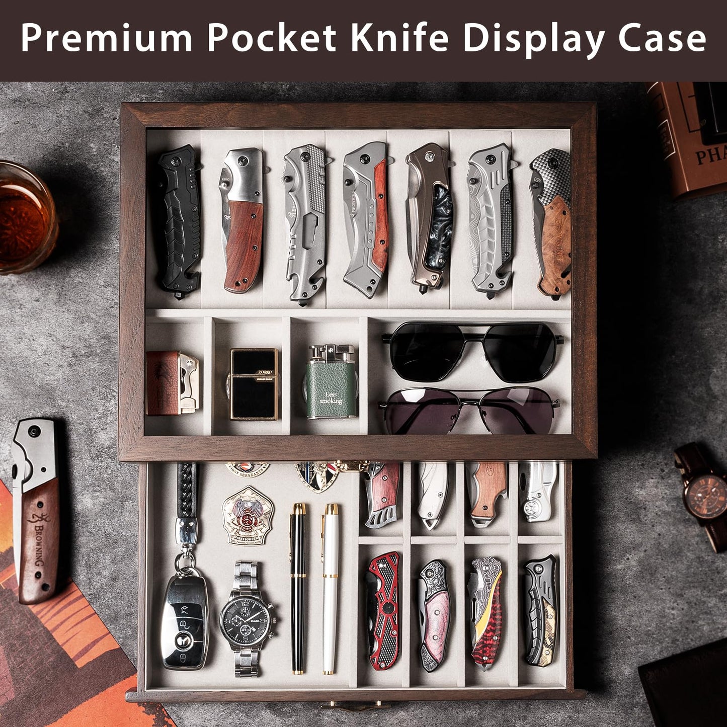 Emfogo Pocket Knife Display Case for Collection of 18-24 Folding Knives, Pocket Case with Real Glass Window Top, Two-Tier Knife Organizer Storage Box, Men's Gift (Walnut)