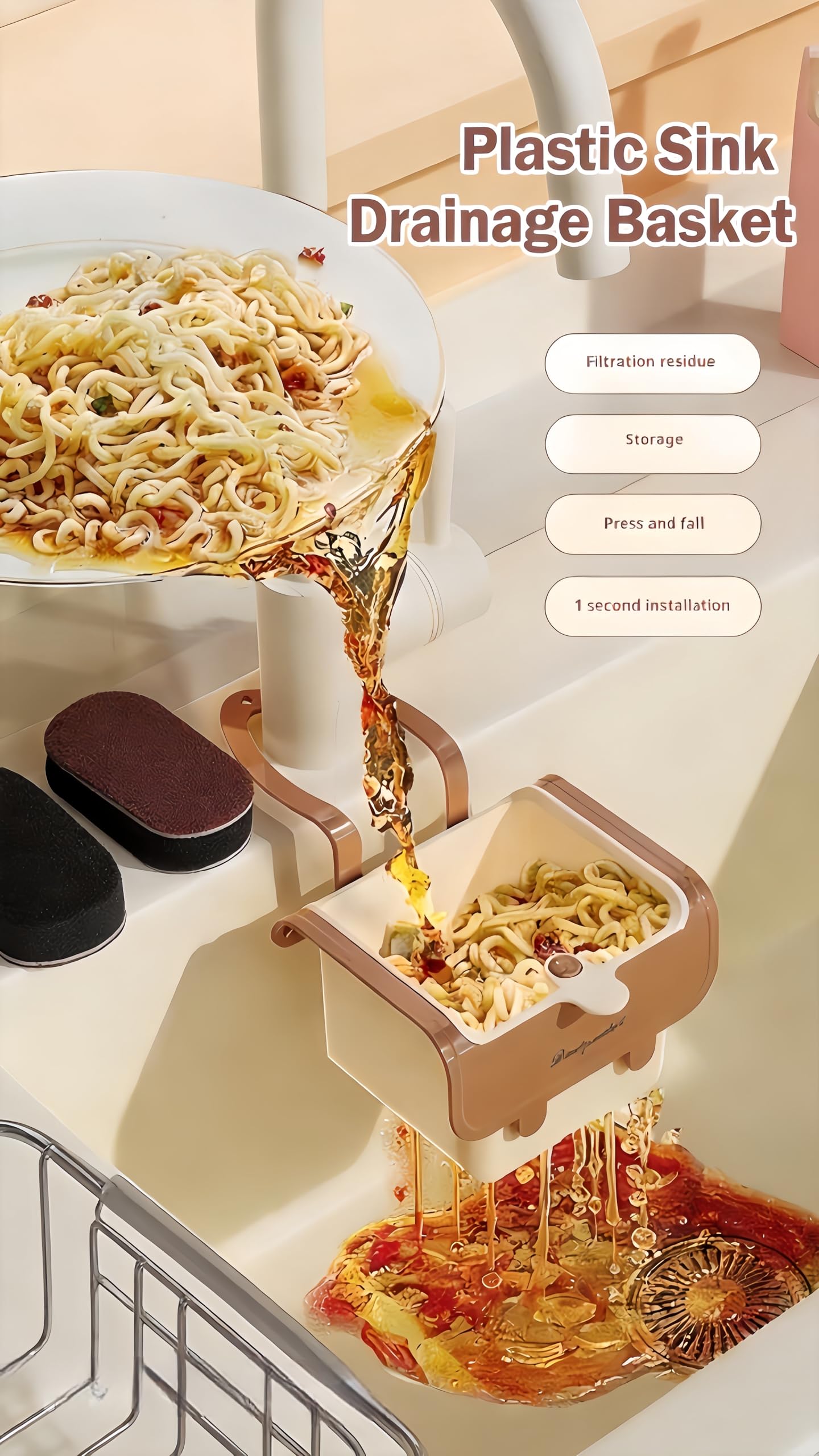 Corner Sink Strainer,Sink Strainer Basket,2026 New Upgraded Suction Cup Press Sink Drainer Basket,Food Drainer for Sink,Practical Corner Kitchen Sink，Sink Ccorner Strainer Helper (Brown)