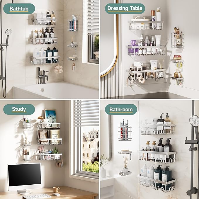 Veken Shower Caddy 6-Pack, Family Choice Award Winner, Large Wall Mounted Shower Rack, Bathroom Shelves Over Toilet, Organizer Storage Accessories with Soap Dish & Toothbrush Holder, Silver