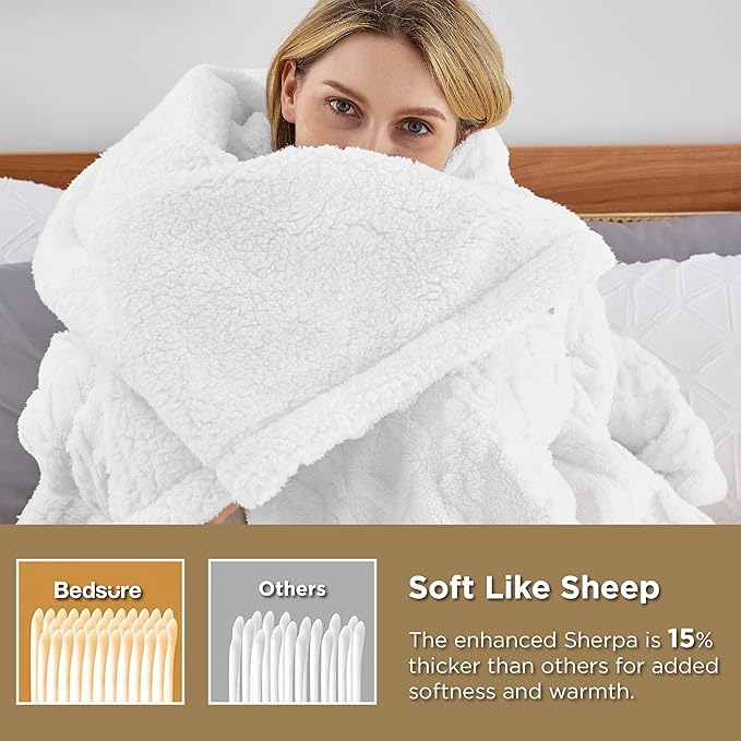 Bedsure Sherpa Fleece Throw Blanket for Couch - GentleSoft Fluffy & Cozy Cable Jacquard Tufted Throw for Women Gift, Thick and Warm Blankets for Winter, White, 50x60 Inches