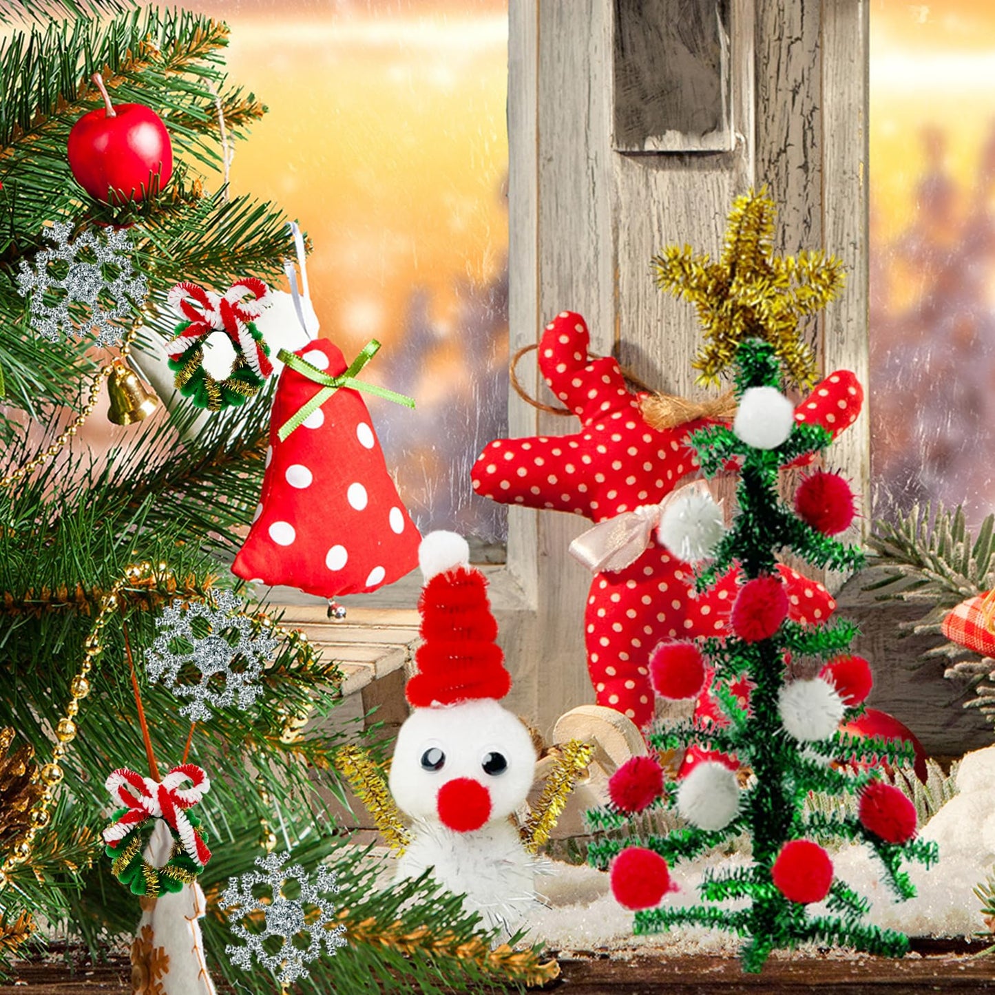 540 Pcs Christmas Pipe Cleaners Crafts Set Including 240 Pcs Pipe Cleaners for Crafts, 200 Pcs Pom Poms, 100 Pcs Self Adhesive Wiggle Googly Eyes for DIY Art and Craft Supplies