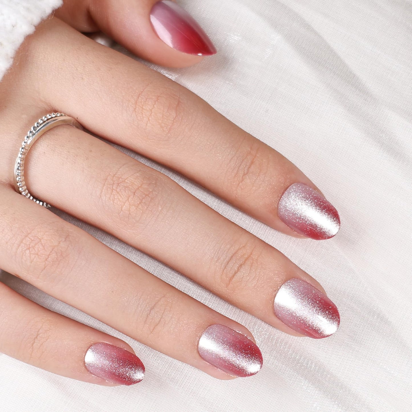 SEEWEE Pink French Tip Cat Eye Press On Nails Oval - Red Ombre Short Oval Fake Nails with Nail Glue, Pink Cateye Press On Nails Reusable Stick On Nails in 16 Sizes 32 Nail Kit | Salon Quality