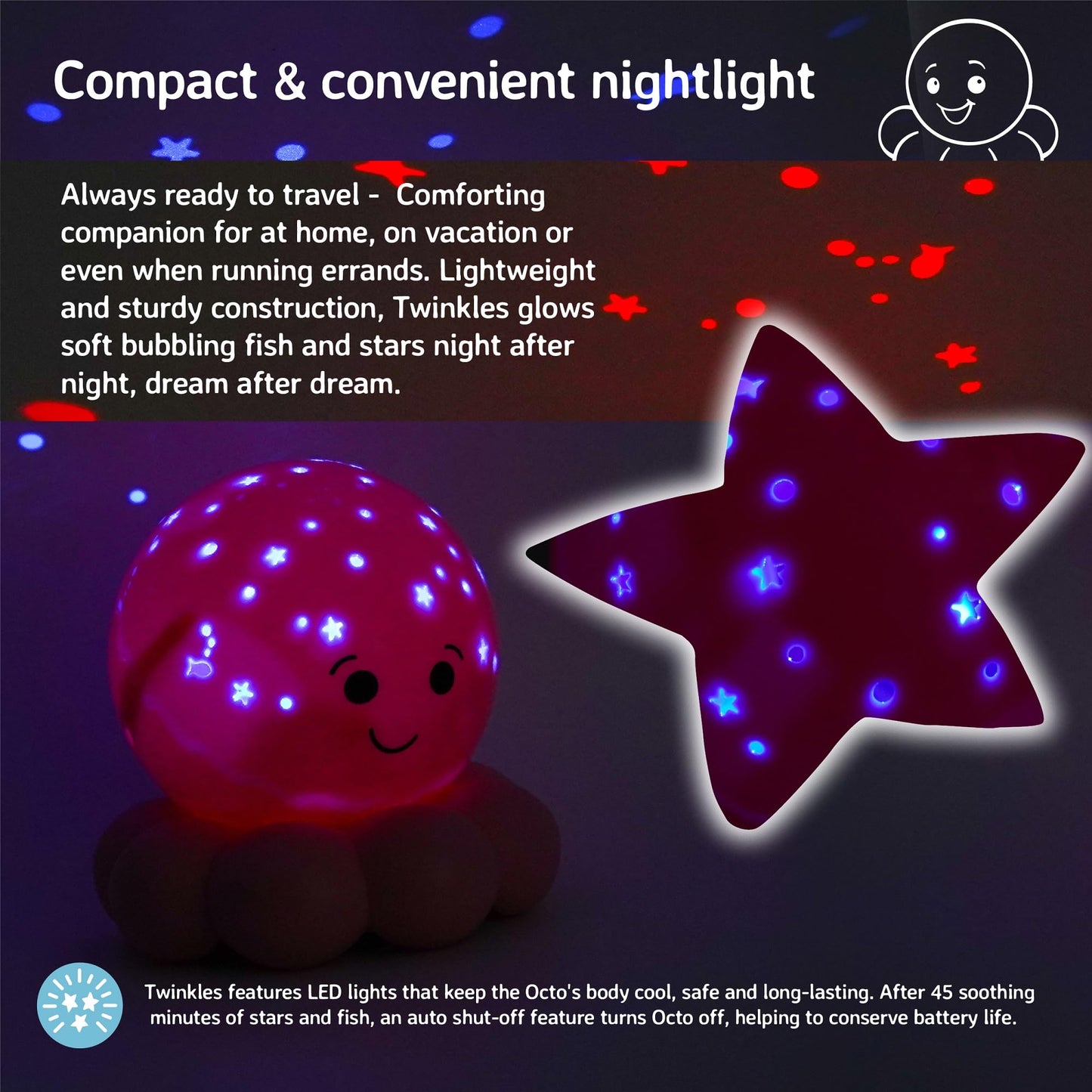 Cloud b Travel Comforting Nightlight Projector | Gentle Brightness | 3 Colors with Color Rotation Option | Auto-Shutoff | Octo Baby Pink