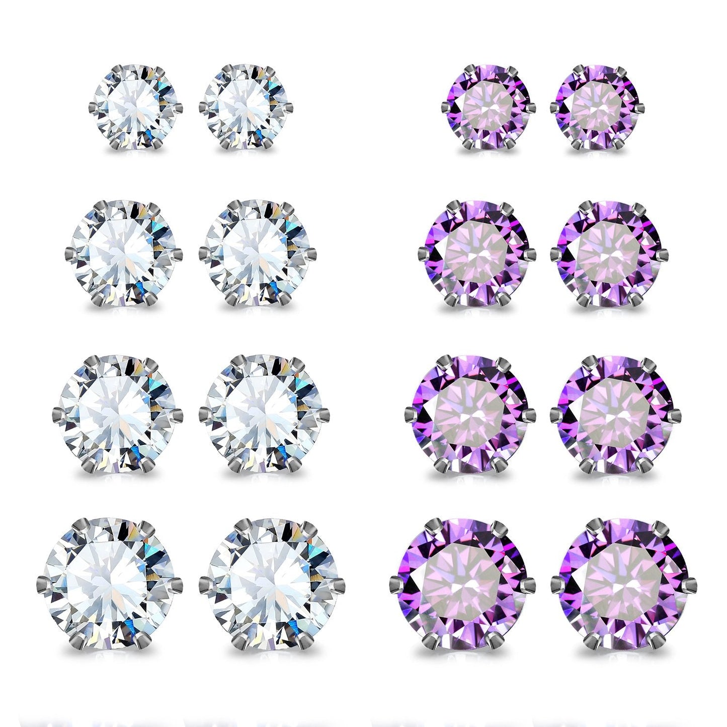 JewelrieShop Earrings for Women Studs Set Stainless Steel CZ Earing Hypoallergenic Multiple Piercing Ear Stud (8 pairs,4-8mm,White,Purple CZ)