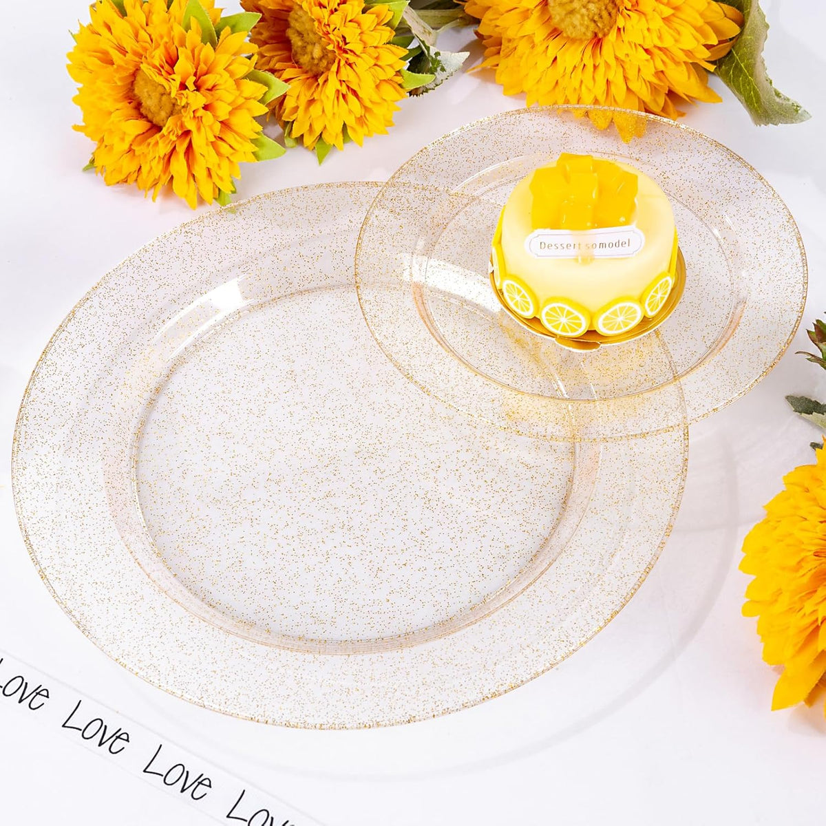 WDF 200PCS Gold Plastic Plates - Gold Glitter Plastic Plates - Heavy Duty Gold Glitter Disposable Plates - Include 100 Dinner Plates 10" and 100 Dessert Plate 7" for Thanksgiving Parties/Wedding