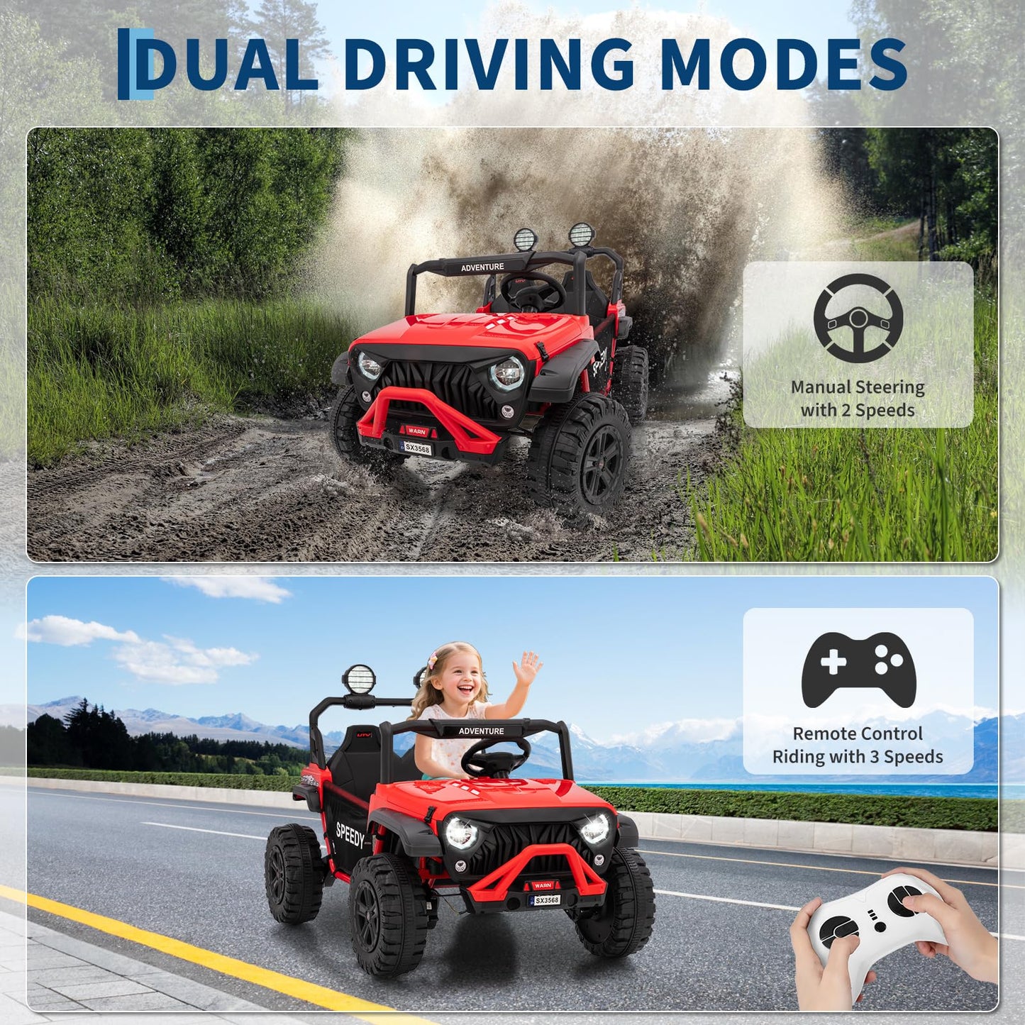 Garvee 24V Ride on Toys for Big Kids with Remote Control - 4WD Electric Car, 2 Seater UTV, Spring Suspension, Front & Behind LED Lights, Dual Storage, 3 Speeds, Bluetooth Music, Parent Safety Brake,