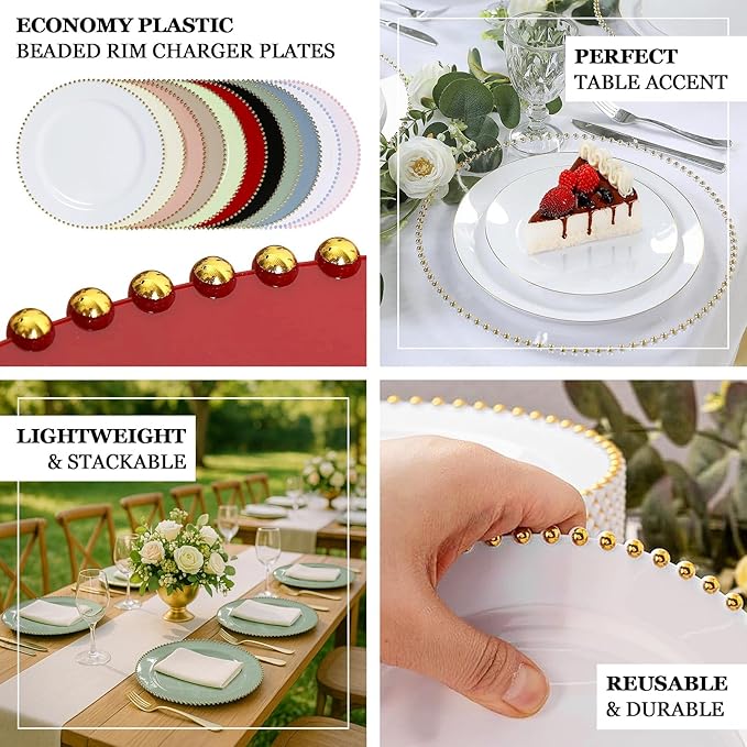 Efavormart 10-Pack Economy Plastic Charger Plates 13" Round Clear/Silver Glitter with Beaded Rim - Stylish Dinner Party Serving Plates