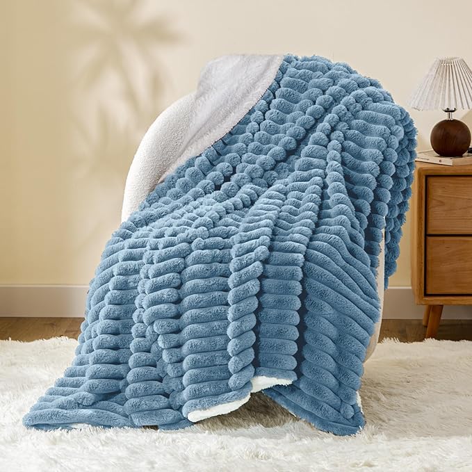 INFIIXSO Sherpa Throw Blanket for Couch - Super Soft & Warm Striped Fleece Blanket, Cozy Plush Fluffy Blanket All Season Use (Light Blue, 60x80 Inches)