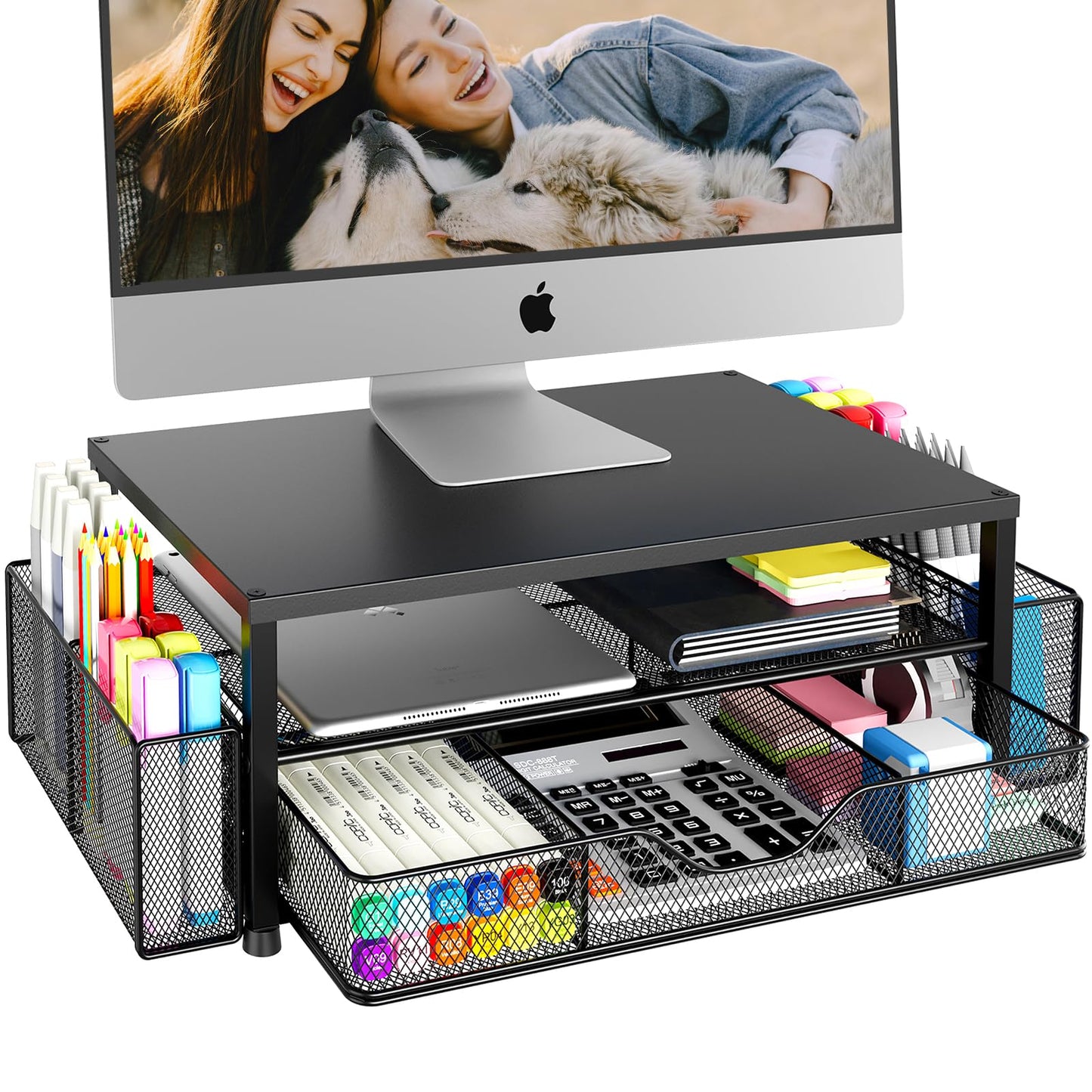 OPNICE Desk Organizer and Accessories, 2-Tier Computer Monitor Stand Riser with Drawer and 2 Pen Holders, Laptop Stand, Office Desk Accessories for Office Supplies, Black