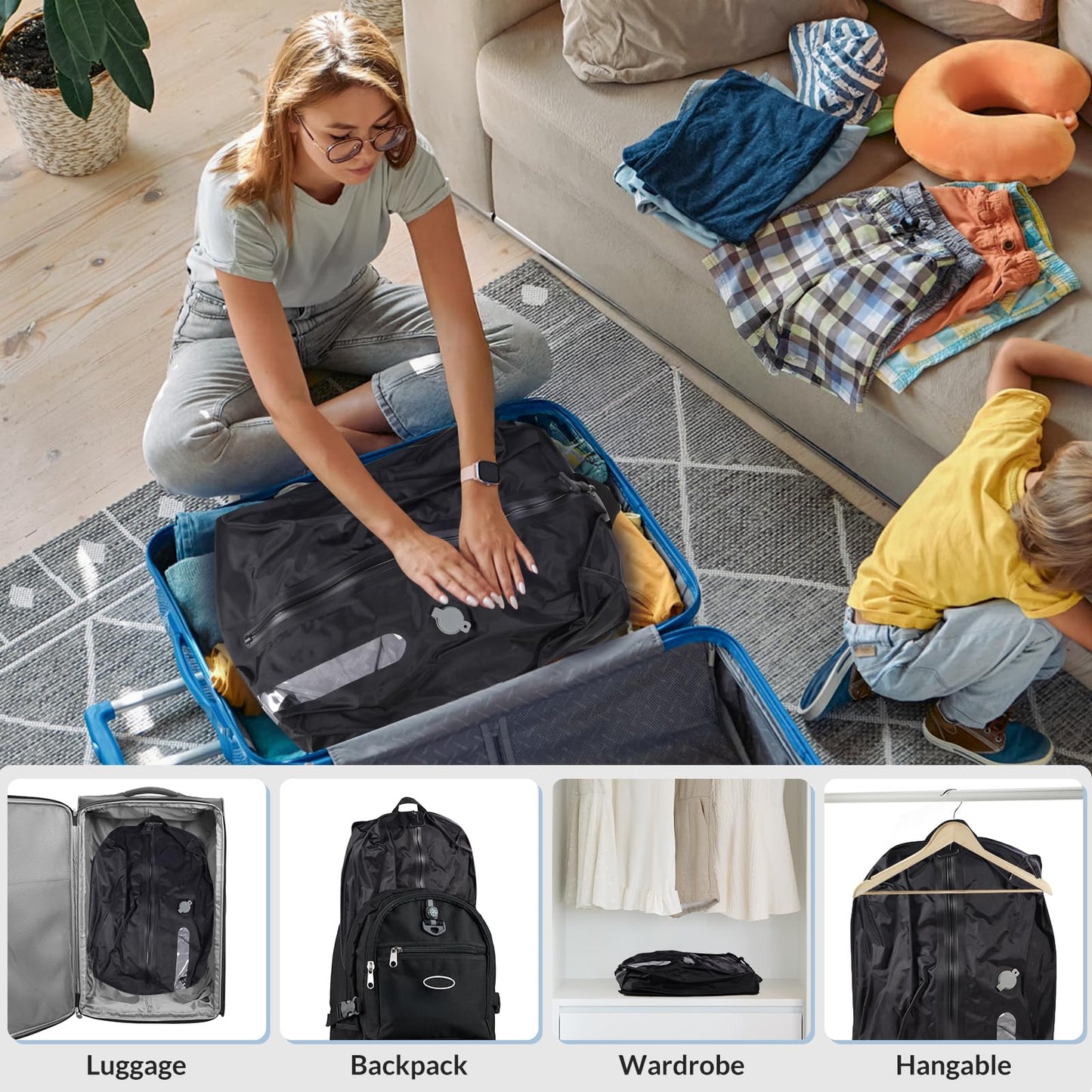 Reusable TPU Travel Vacuum Compression Bags - Waterproof Space Saver Bags for Luggage, Suitcase, Backpack, Storage Organizer (No Pump Required, 2 Pack, Black)