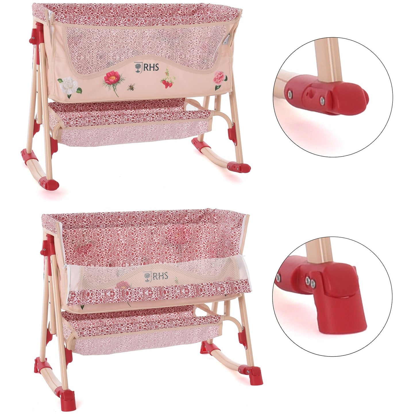 Roma Prams: RHS Doll Bedside Crib - Flora - Cream & Red, Rocking & Stationary, Bedtime Accessory, Adjustable Height, Storage, Roleplay Toy, Kids 3+