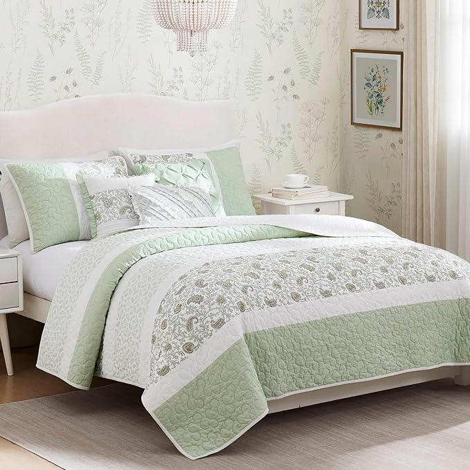 Madison Park King Quilt Set Cotton Coverlet Set with Cotton Filling for King Size Bed, All Season, Lightweight King Cotton Quilt Include Shams, & Décor Pillows, Dawn, King/Cal King Sage Green 6 Piece