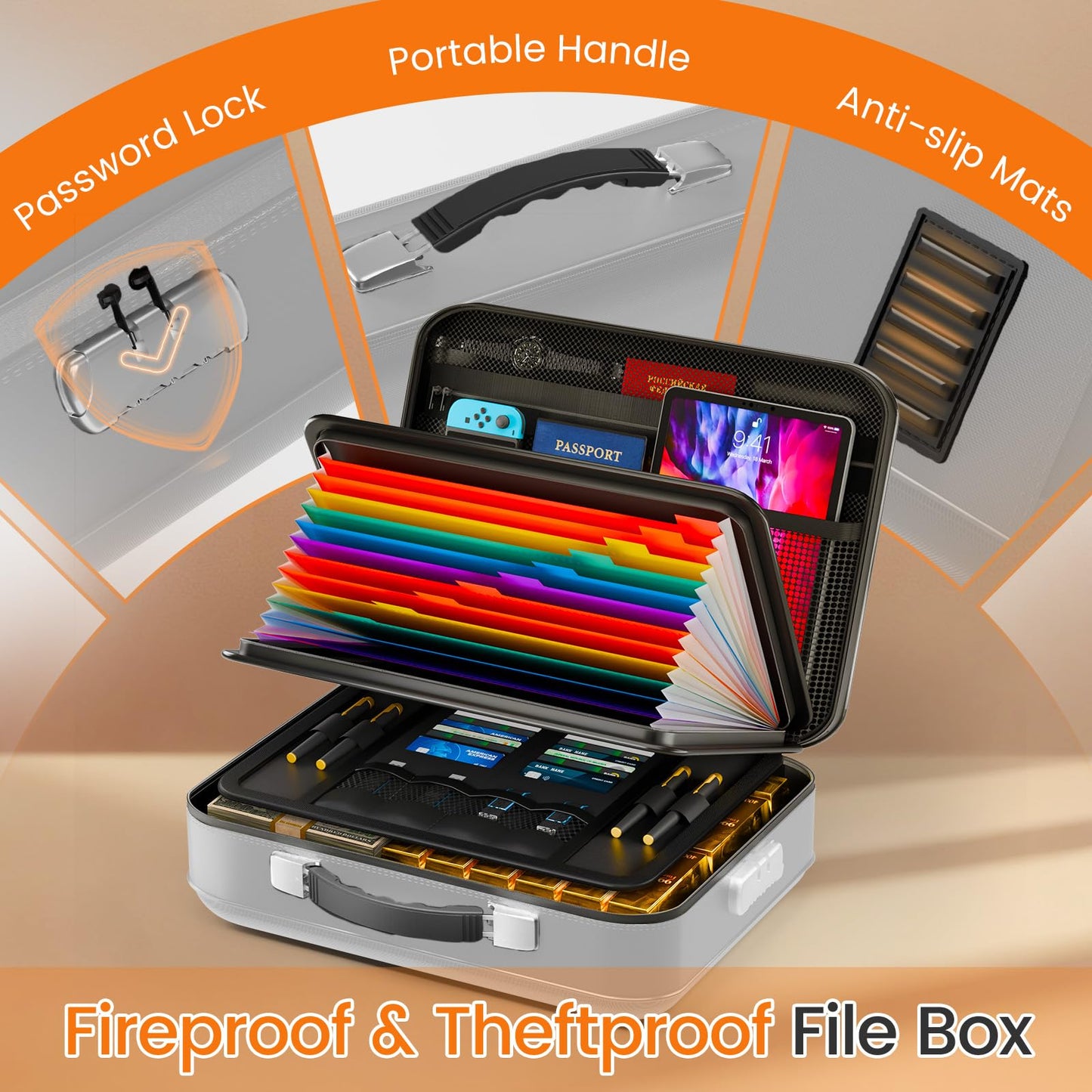 Fireproof Document Box with Lock, 5200°F Fireproof Water Resistant Hard Case File Organizer Safe Box for Important Documents, Certificates, Laptop, Passports (Sliver)