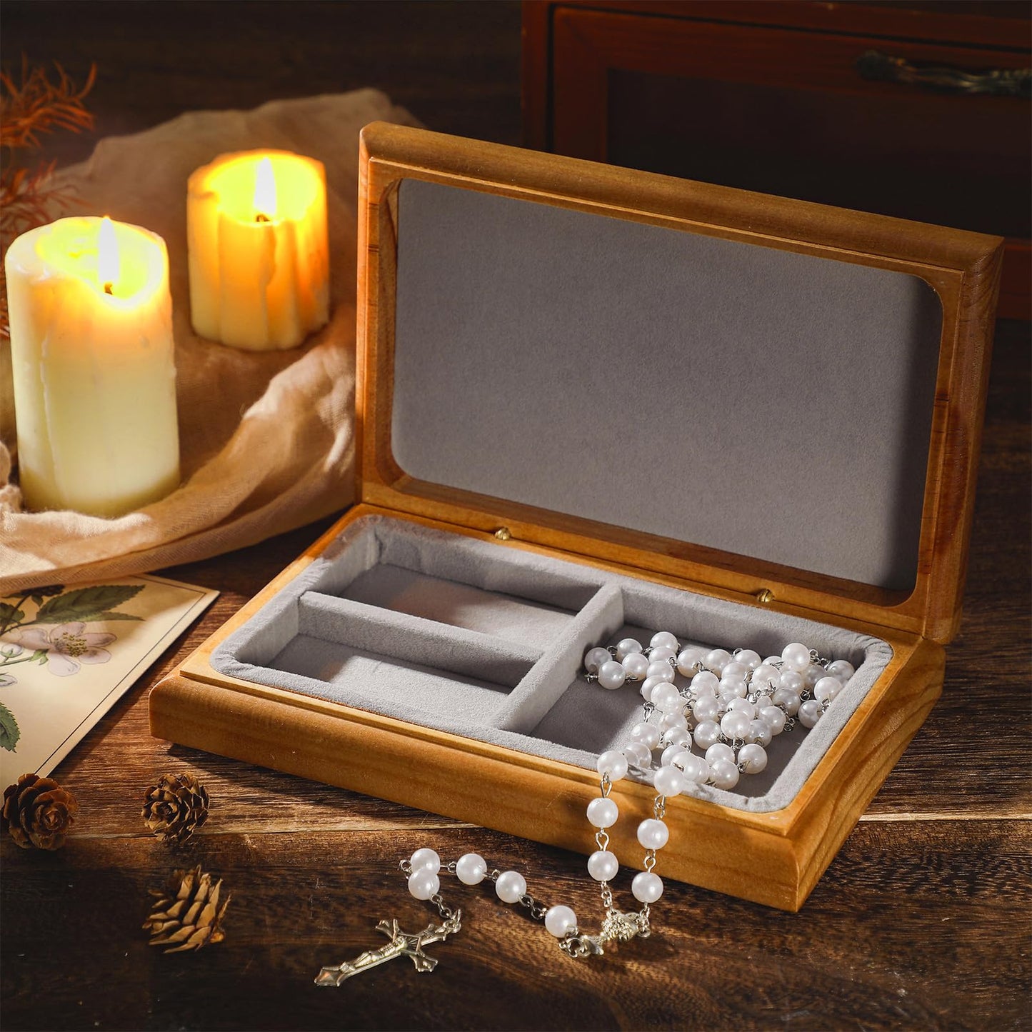 Threehoney First Communion Valet Box Wooden Jewelry Box with Felt Lining 7.5 x 4.7 x 1.6 Inch Personalized First Holy Communion Gifts for Religious Keepsakes and Rosary Beads Storage