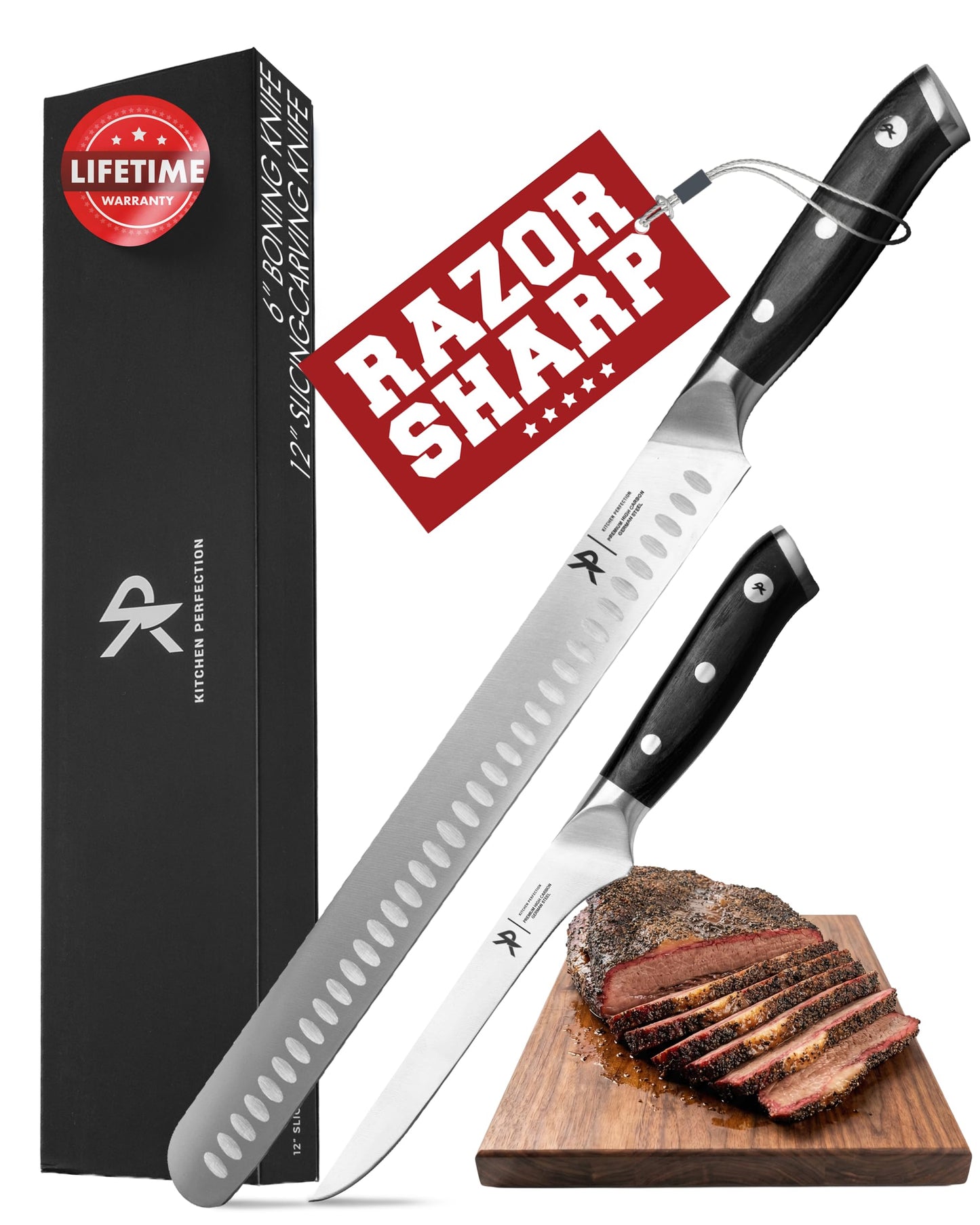 Kitchen perfection BBQ Carving Set for Meat -12” Brisket Slicing Knife +6” Boning Knife with Sheaths - Razor Sharp, Premium German Steel, Full Tang Ergonomic Handles- Perfect Grilling Gifts for Men