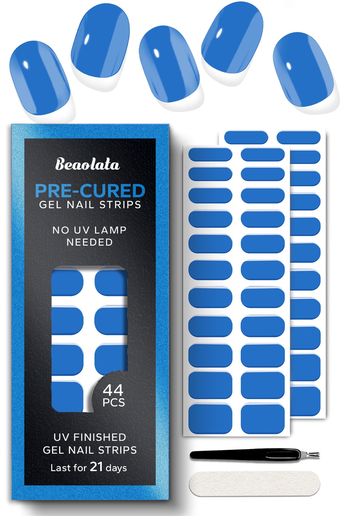 Beaolata Real Gel Nail Strips (No UV Light Needed) - 44Pcs Salon Quality Nail Stickers - Long Lasting Polish Wraps for Women, Easy Apply & Remove (Ocean Blue)