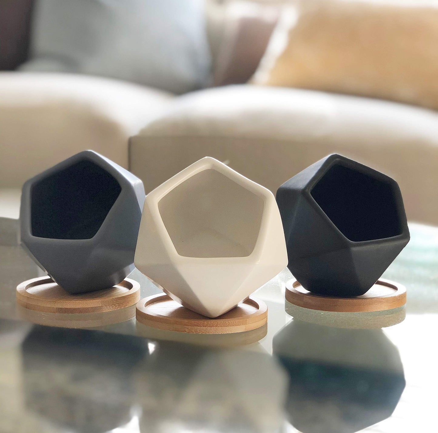 Chez JuJu Modern Geometric Ceramic Succulent Pots 3" Planters with Drainage | Bamboo Tray | 3 Pack