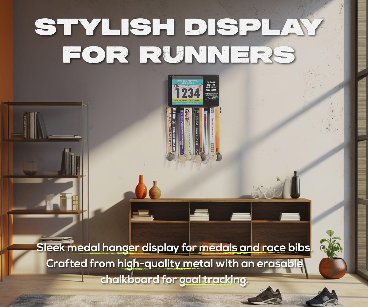 BLAUBECK Medal Hanger Display for Runners, Marathon Medal Holder Display Wall Hanger and Race Bib Boards Holder with Chalkboard Marker - Holds up to 50 Medals, 40 Race Bibs