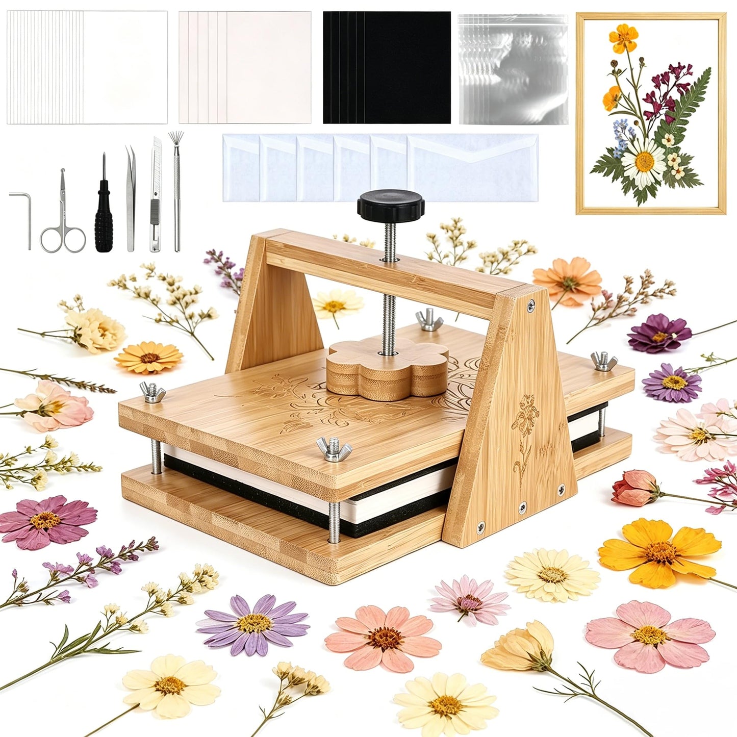 HomdMarket Spring Flower Press Kit - 12"x8" Wooden Press with 6 Layers & Even Pressure, Includes Tools & Archival Envelopes for Dried Flowers, Wedding, Resin Art