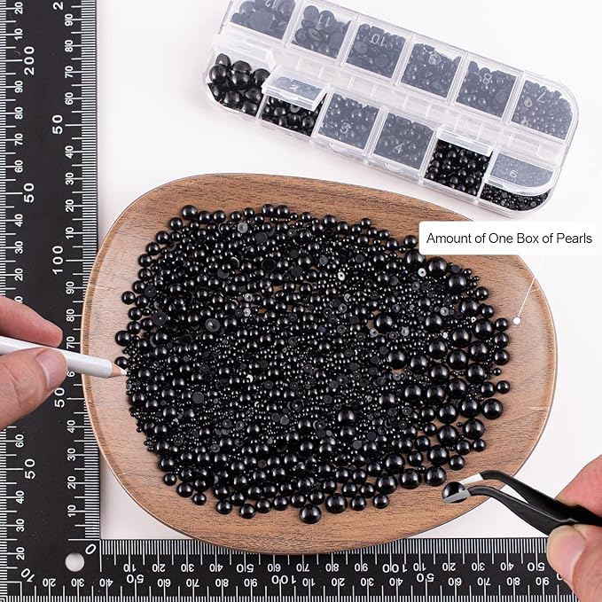 4000PCS Flatback Rhinestones and Half Round Pearls Kit #42, Multi Size Glass AB Crystals, Plastic Flat Back Black Dome Bead with Pickup Pencil and Tweezer for Nail Art