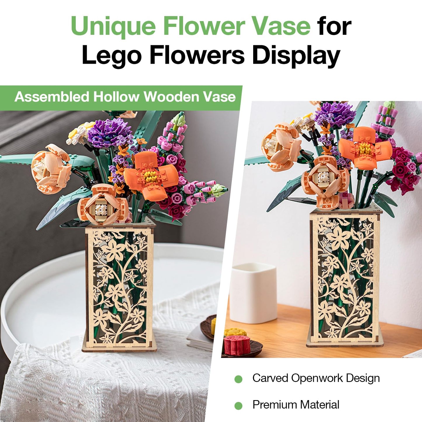 Wooden Vase for Lego Flowers, Display Stand for Lego Flower, Cool Artistic Carving Vase with Hollow Flower Pattern for Flower Lovers (Wood)
