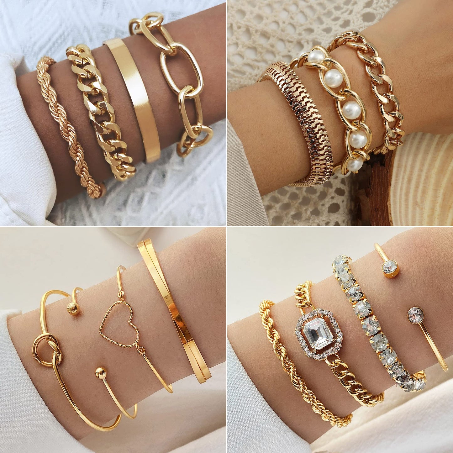 KISS WIFE 15 Pcs Golden Bracelets Set for Women, Multiple Layered Stackable Open Cuff Bangle, Adjustable Cuban Link Chain Tennis Bracelet Pack, Dainty Classic Aesthetic Jewelry