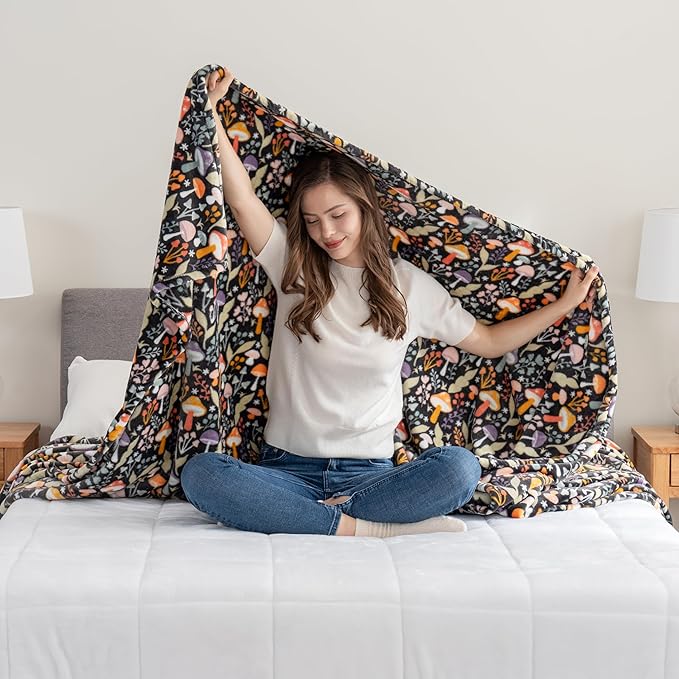 Berkshire Blanket-Classic Heavyweight Soft Printed VelvetLoft® Plush Blanket, Full/Queen Size Soft Fuzzy Warm Blanket for Couch Sofa Bed, Mushroom Cutie Charcoal, 90in x 90in