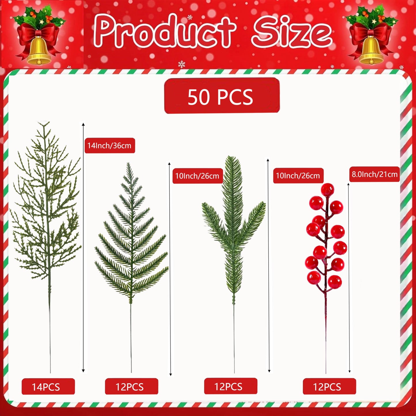 Gitechft 50 PCS Artificial Pine Branches Fake Greenery Pine Picks Artificial Red Berry Stems,Xmas Stems,Christmas Pine Needles for Wreath Decorations