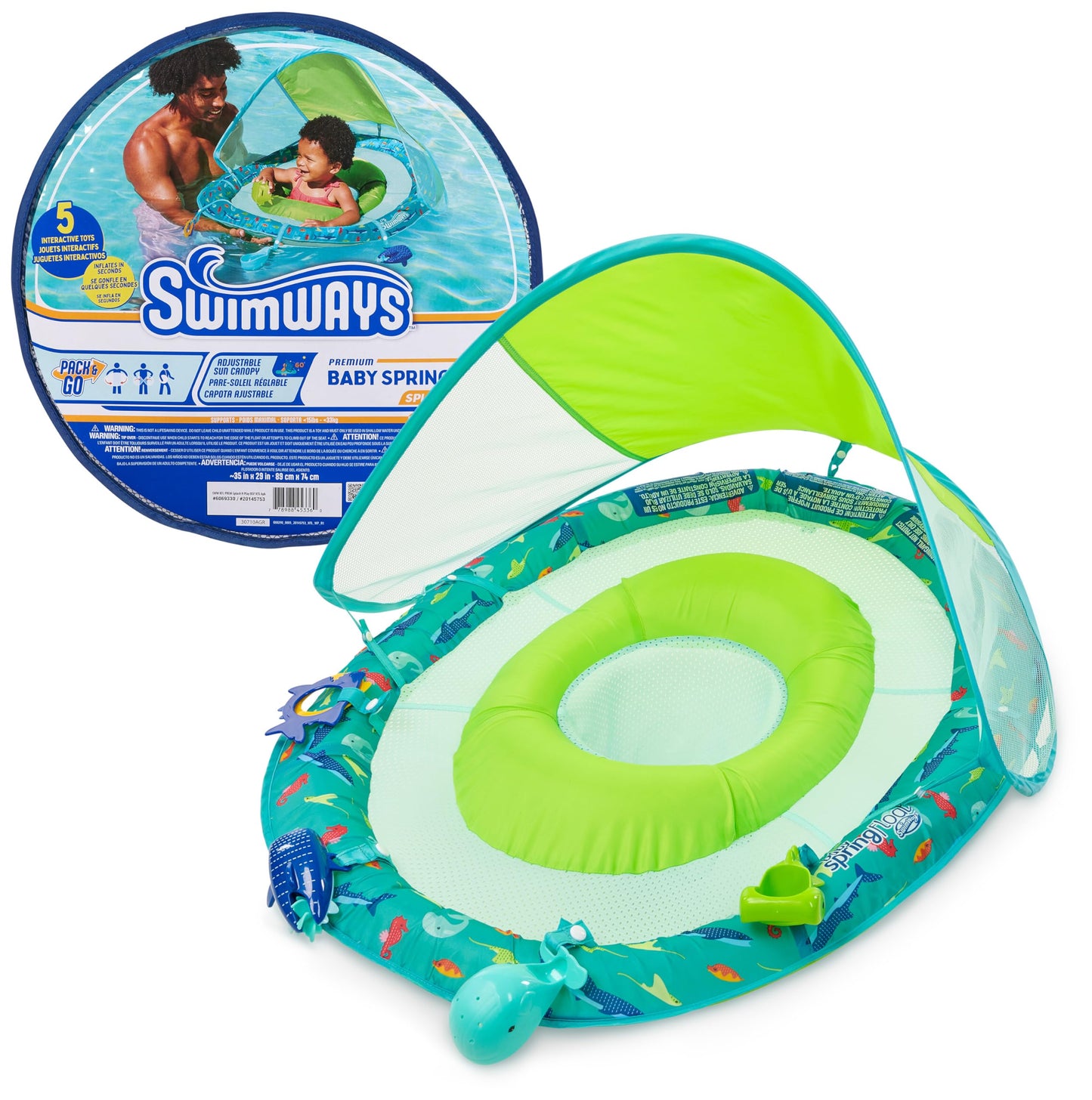 SwimWays Baby Spring Float Splash N Play, Baby Pool Float with Canopy, Swimming Pool Accessories for Kids 9-24 Months