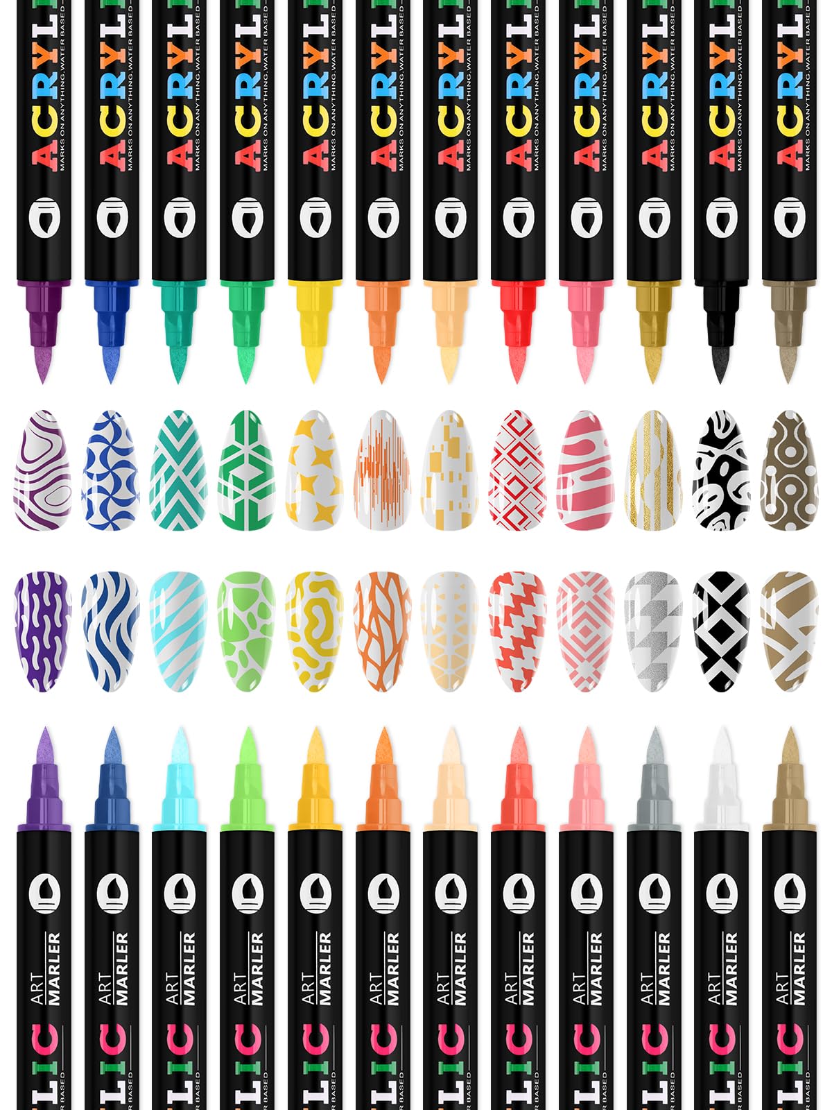 Kalolary 24 Color Nail Art Markers Set, 3D Nail Art Pens Point Nail Graffiti Dotting Pen Quick-Drying Waterproof Double Headed Acrylic Paint Pens Set for DIY Nails Art Design
