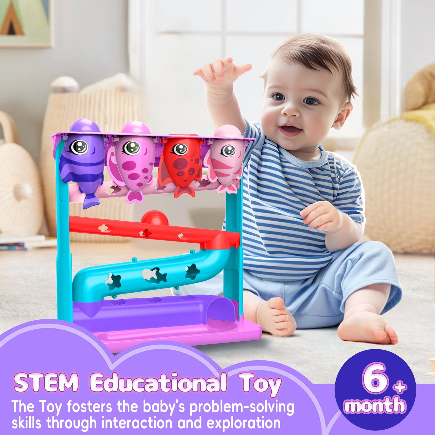 Ball Drop Toy for 1, 2 Years Old Boys & Girls, Interactive Toddler toy with Lights, Music & Water Spray, Montessori STEM Learning Toys for 9-18 Months, Infant Early Development Gift(Pink)