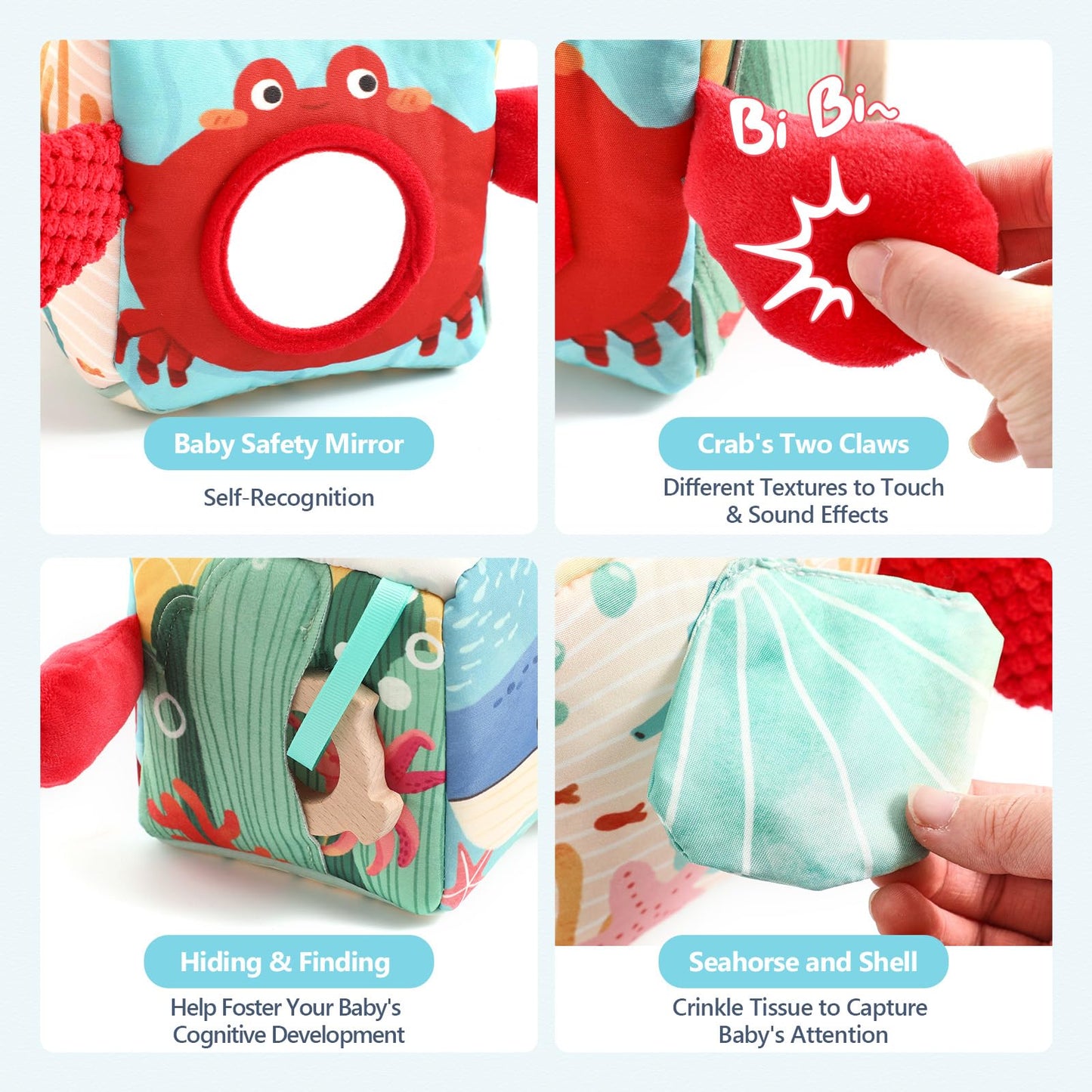 Soft Fabric Tissue Box Toy for 6-12 Months Baby - Sensory Development Toy for Tummy Time, Crinkle Paper & Safety Mirror (Infant Sensory Toy)