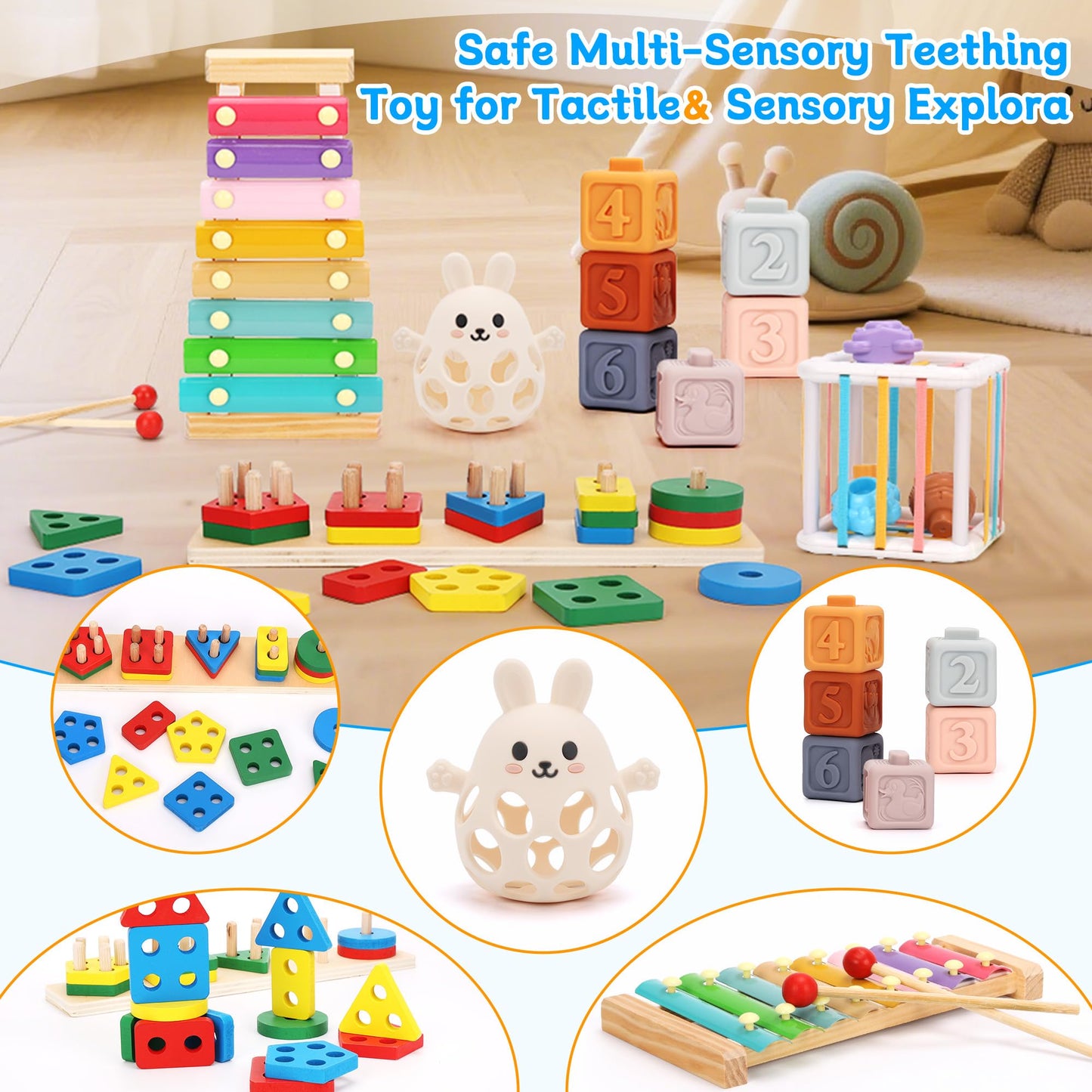 FlufiFiea Baby Toys for 6-18 Months, 5-in-1 Montessori Educational Toy Set with Soft Teething Toy Stacking Blocks Rings Sensory Bin, Sorting Sensory Educational Learning Gift for Toddlers Aged 1-3