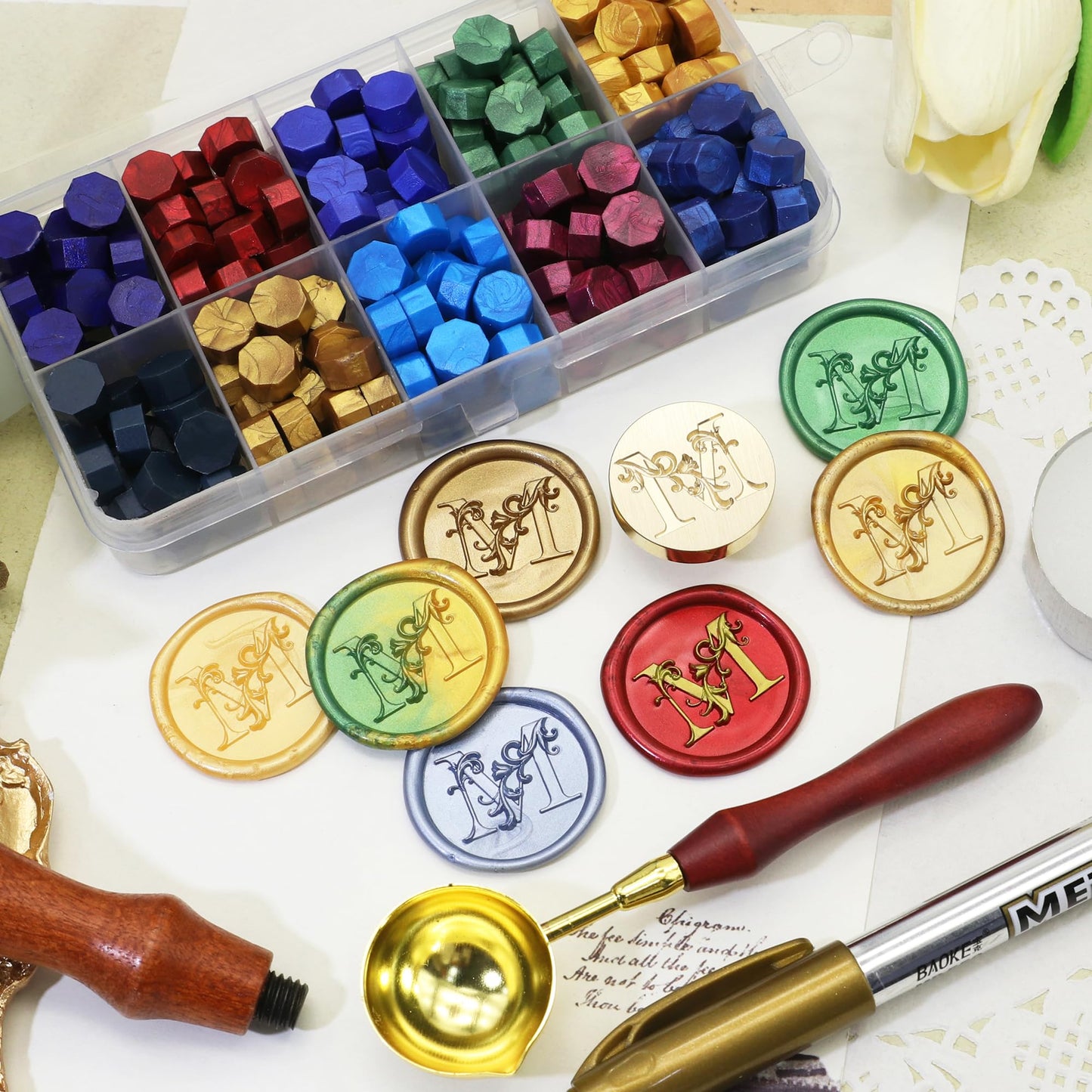 Letter Wax Seal Stamp Kit, SWANGSA 3D Floral Initial Alphabet M Sealing Stamp and 200pcs Sealing Wax Beads Kit for Wedding Invitations Cards Envelopes