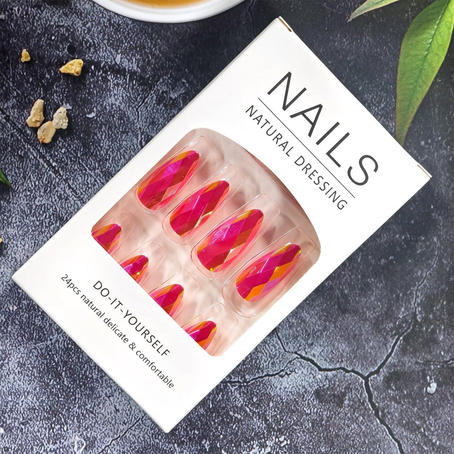 CJDLTS Pink Press on Nails Medium Length Artificial Acrylic Gradient Rainbow 3D Diamond-Shaped Electroplating Fingernails Almond Full Cover Glossy Stick on Nail False Nails for Women Manicure 24Pcs