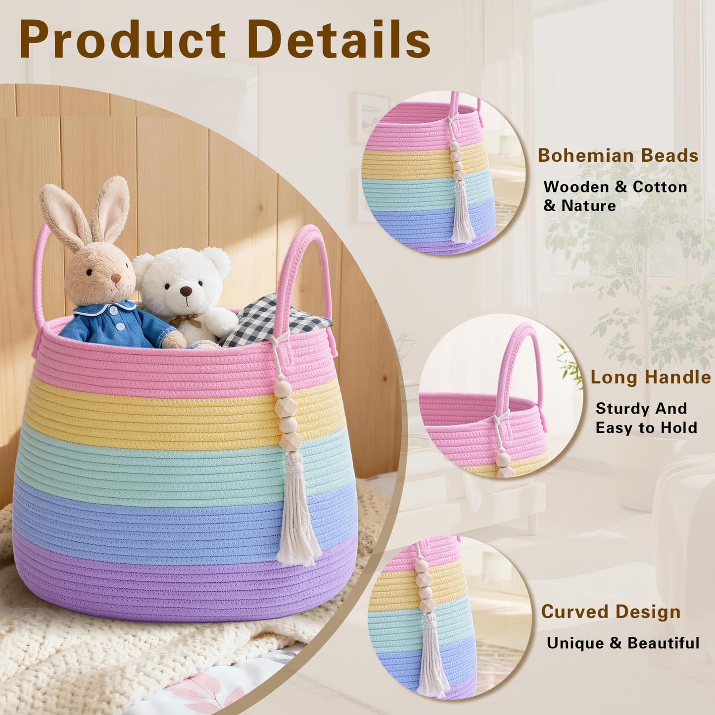 Degeyoyo Large Nursery Hamper, 30L Blanket Basket with Handle, Baby Laundry Basket for Gift, Toy, Clothes, Woven Storage Basket with Wooden Bead Decor, Baby Hamper for Nursery(Rainbow)