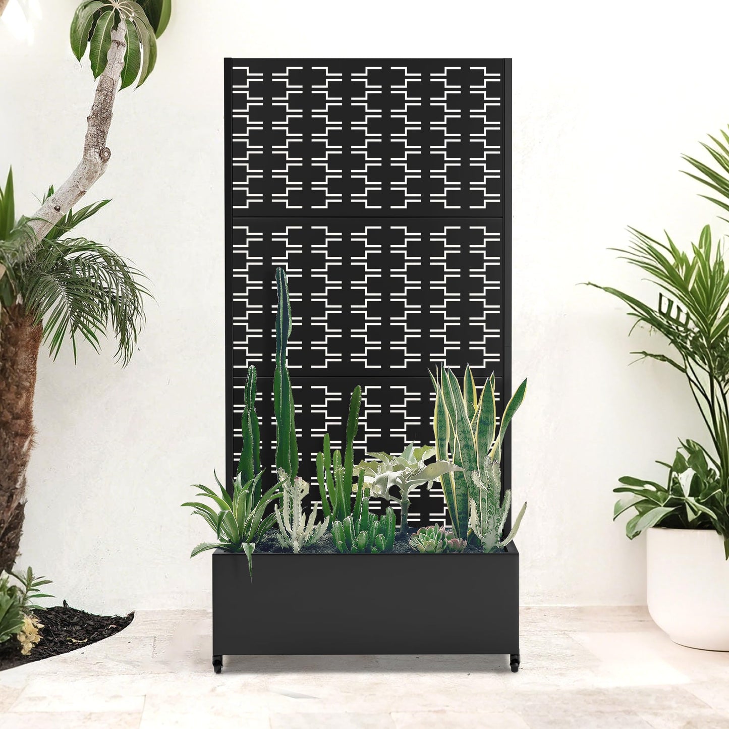 PolarcoForgeco Planter Box with Trellis and Wheels, Metal Privacy Screen with Garden Beds Outdoor for Climbing Plants, Standing Planter Boxes with Drainage Holes (35" L×16" W×71" H, Black Rectangle)