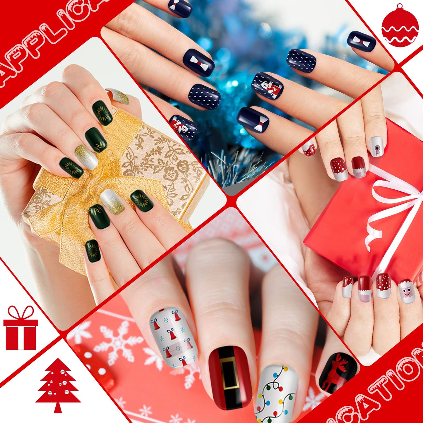 Kacctyen 384pcs 16pack Christmas Press on Nails Winter Square Short Red Fake Nails with Santa Elk Snowflake Pattern Glue on for Women Girls(Bright Pattern)