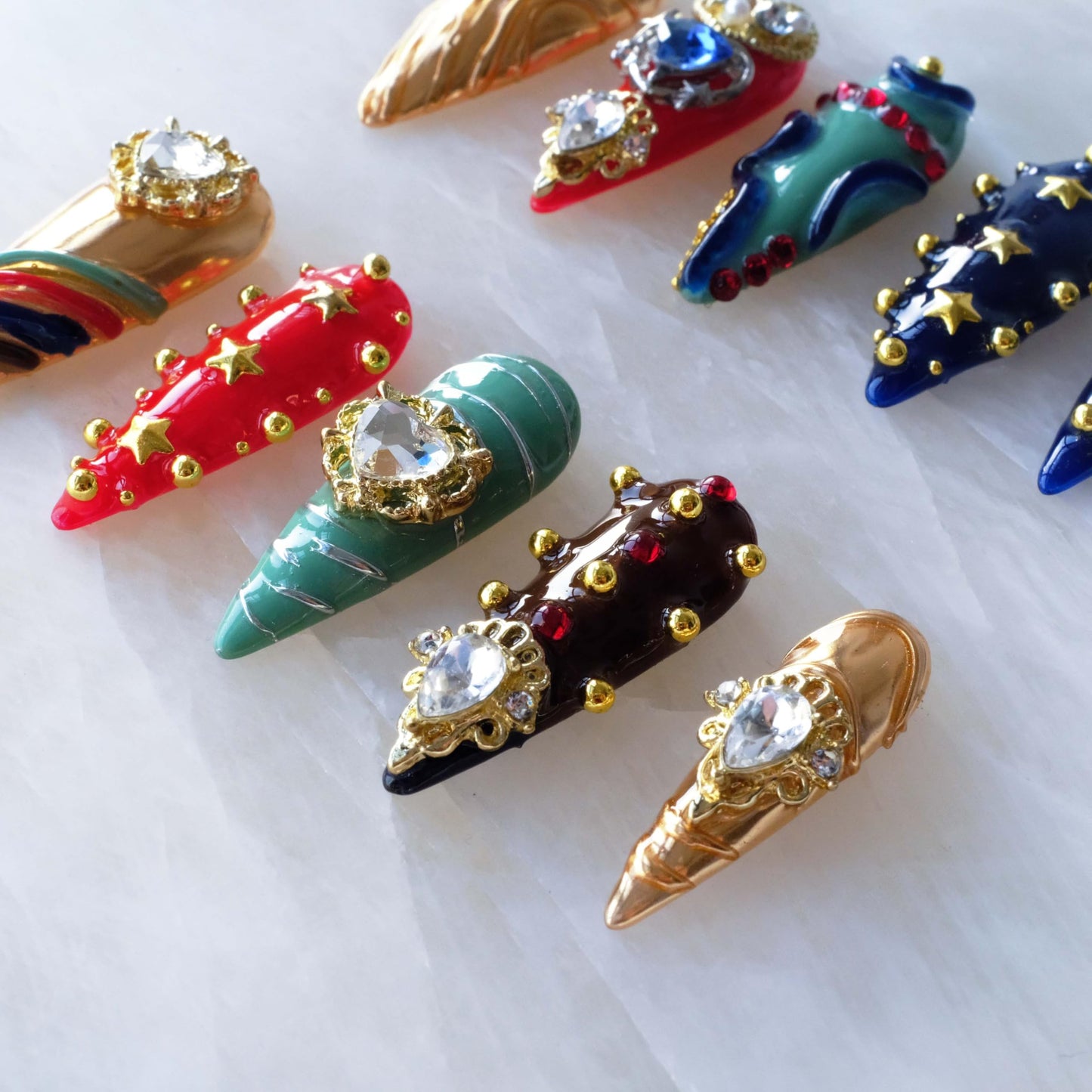 GLORS Luxury Handmade Press On Nails, Vintage Bohemian Style, Long Stiletto Shape, Crystal Heart Gems, Gold Stars Design, 10 Pieces (Small, LS)